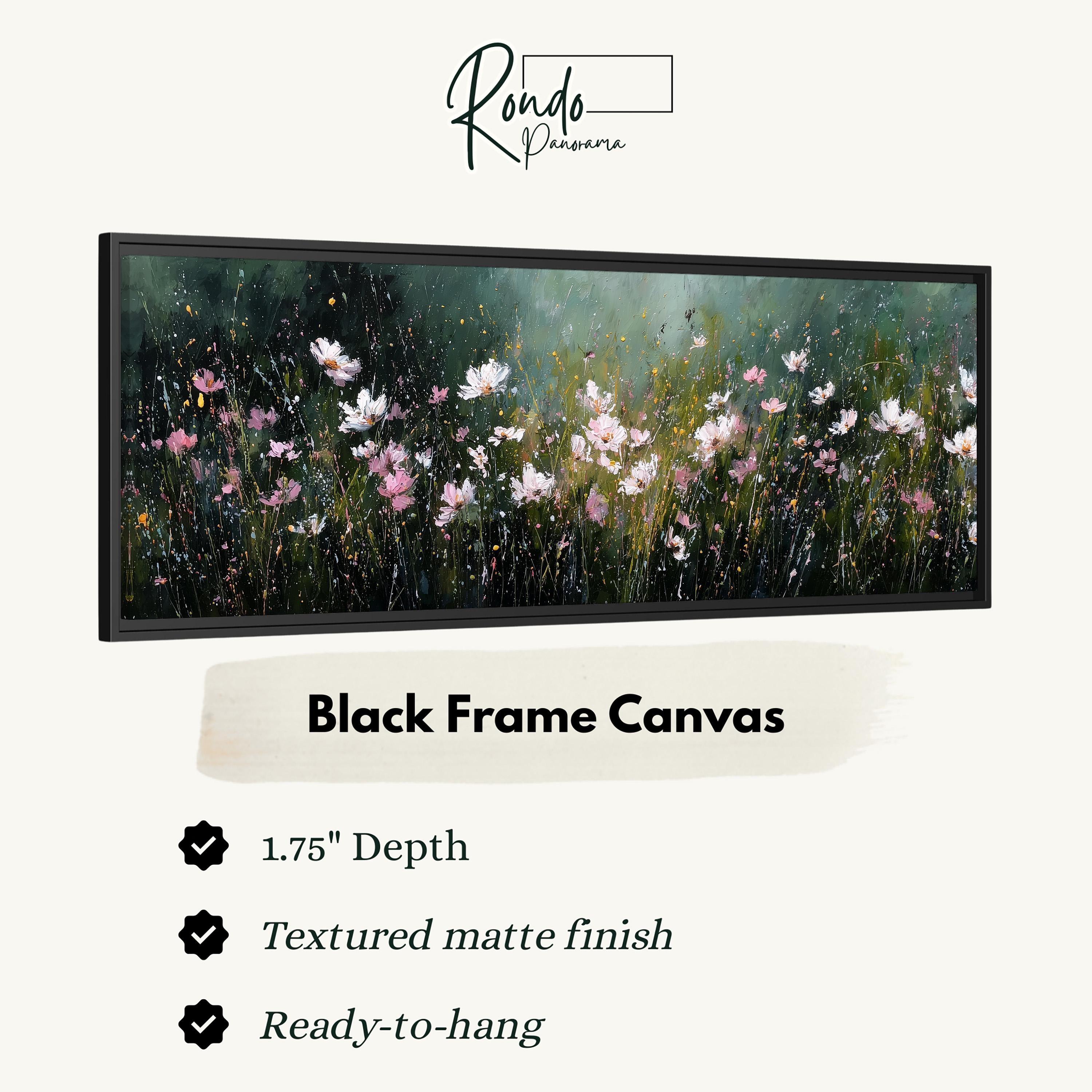 The image is a black frame canvas depicting a field of flowers with a textured matte finish.