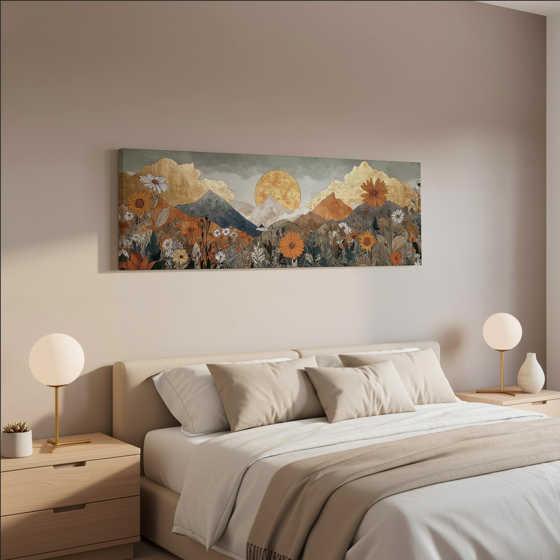 a serene bedroom scene with a large bed adorned with white linens and beige pillows, flanked by two white lamps on nightstands. Above the bed hangs a large painting of a mountain landscape with a sun in the sky, creating a harmonious and tranquil atmosphere.