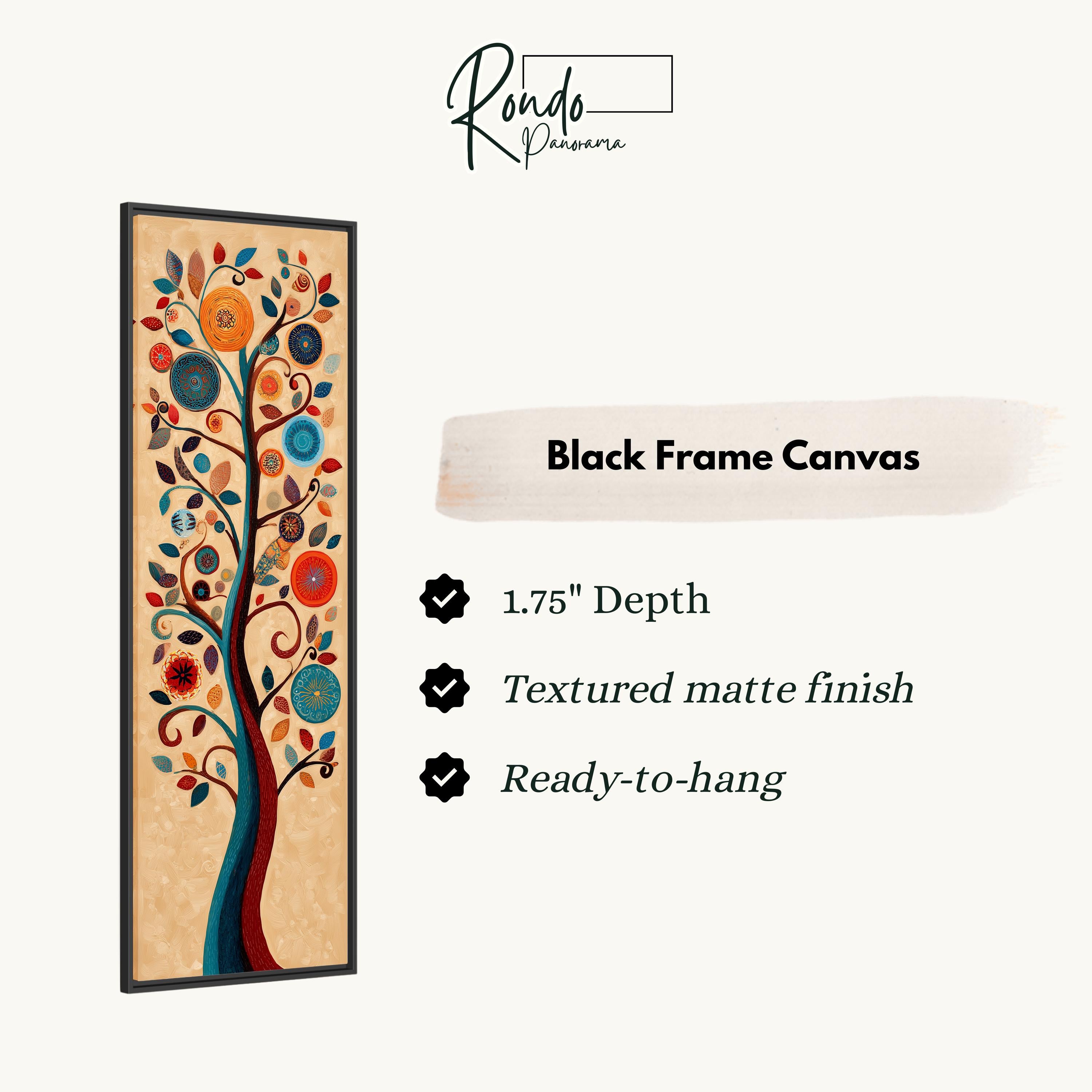 The image is a black frame canvas with a tree design, featuring a variety of colors and patterns.