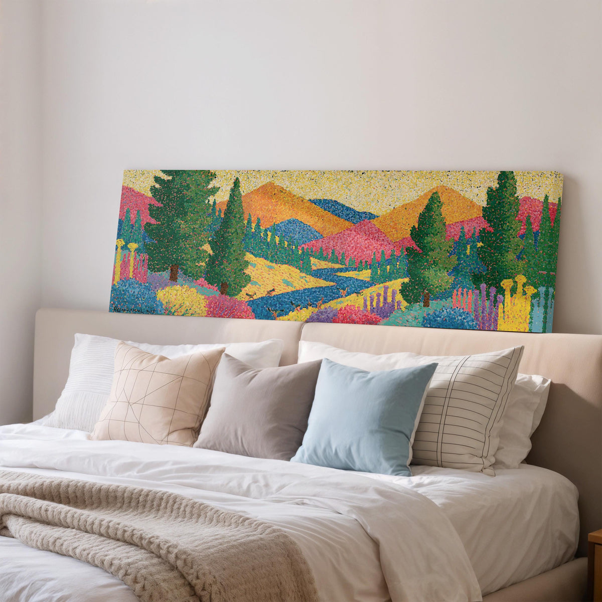 Colorful pine mountain valley wide panoramic canvas print above a bed in a bedroom