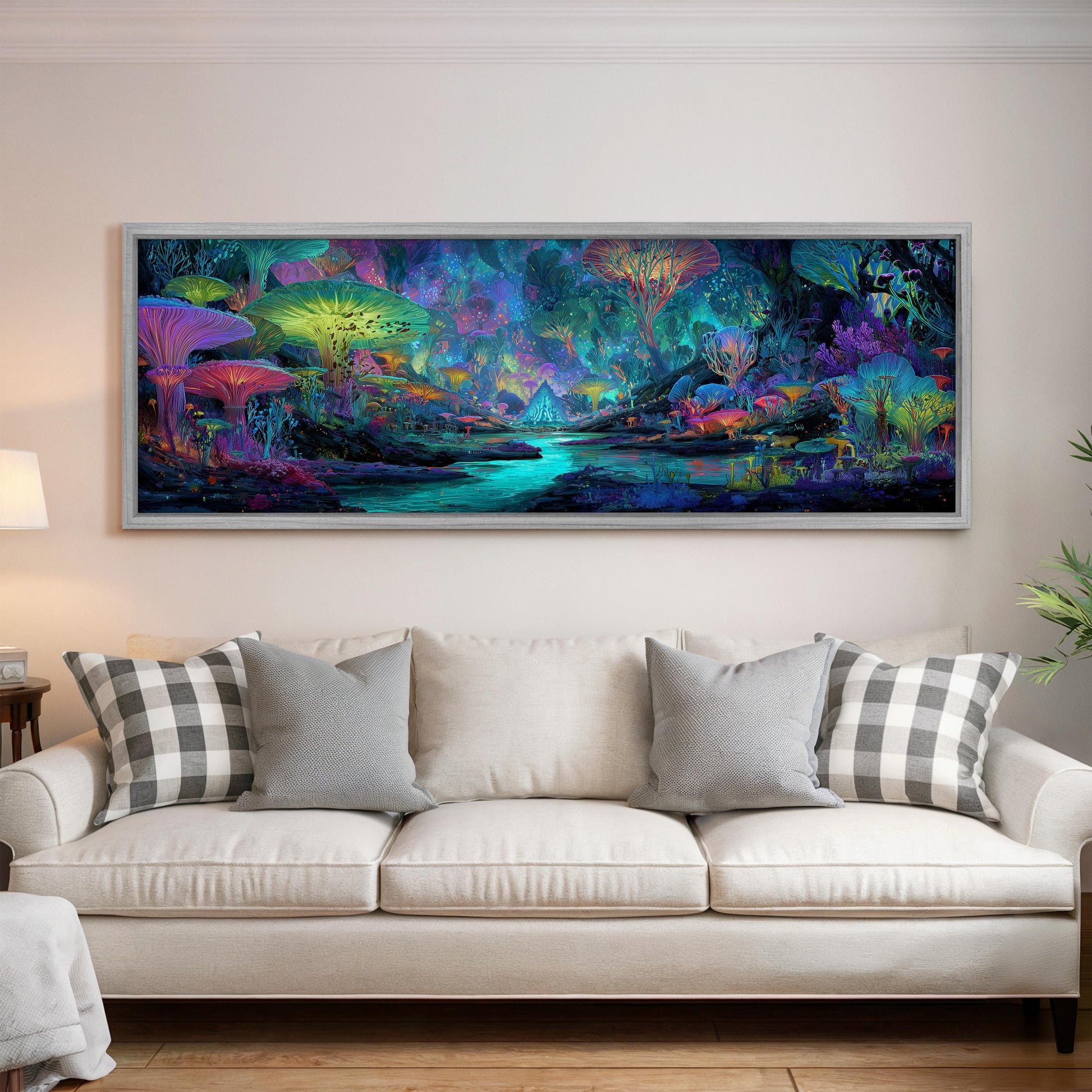 a large, colorful painting of a fantastical, underwater landscape hanging on a wall above a white couch with gray and white patterned pillows.