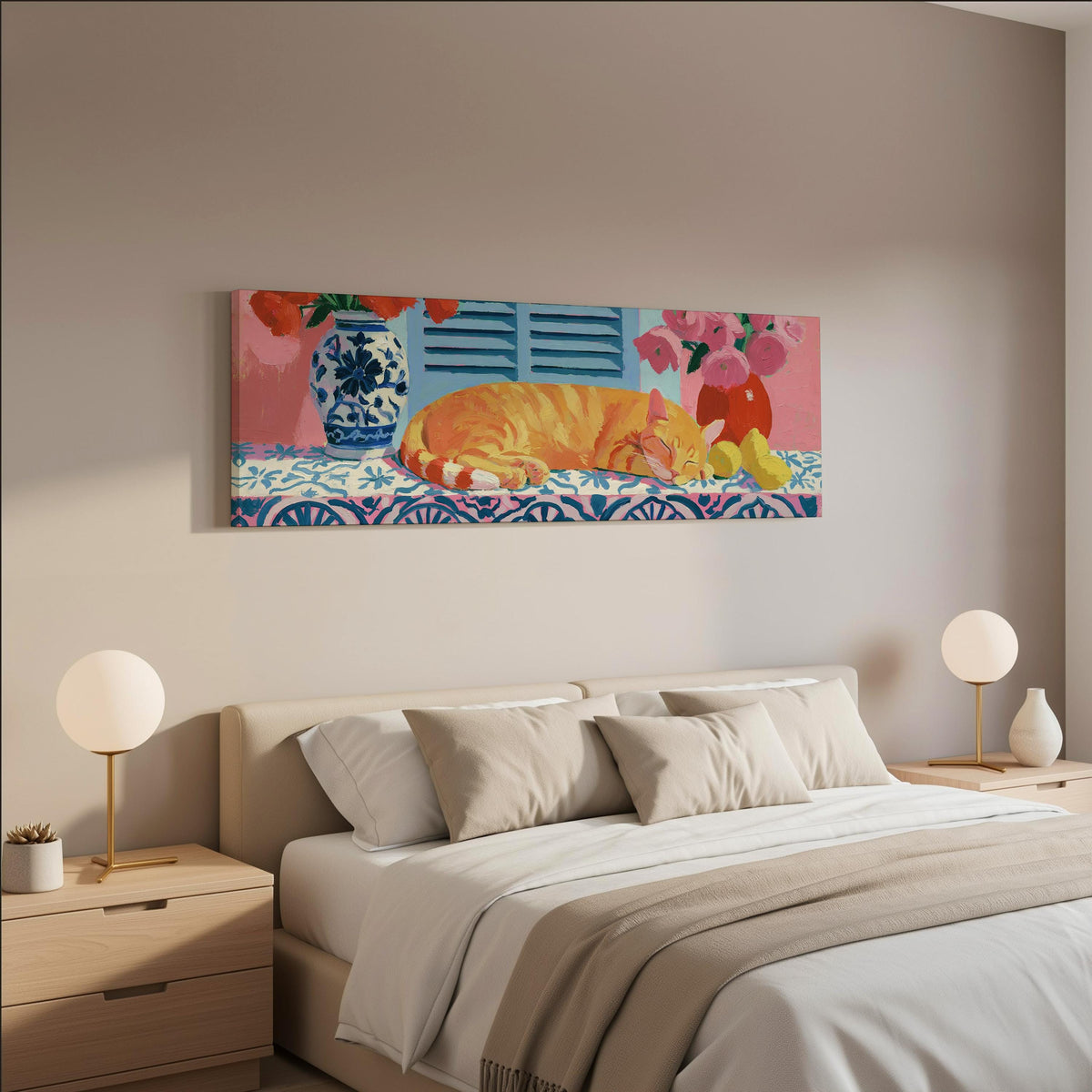 Orange cat napping on a tiled table wide panoramic canvas print above a bed in a neutral bedroom