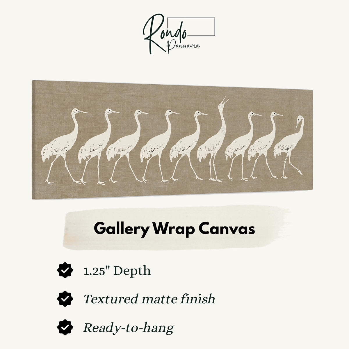 Procession of white cranes on linen gallery wrap canvas with the image wrapped around the edges