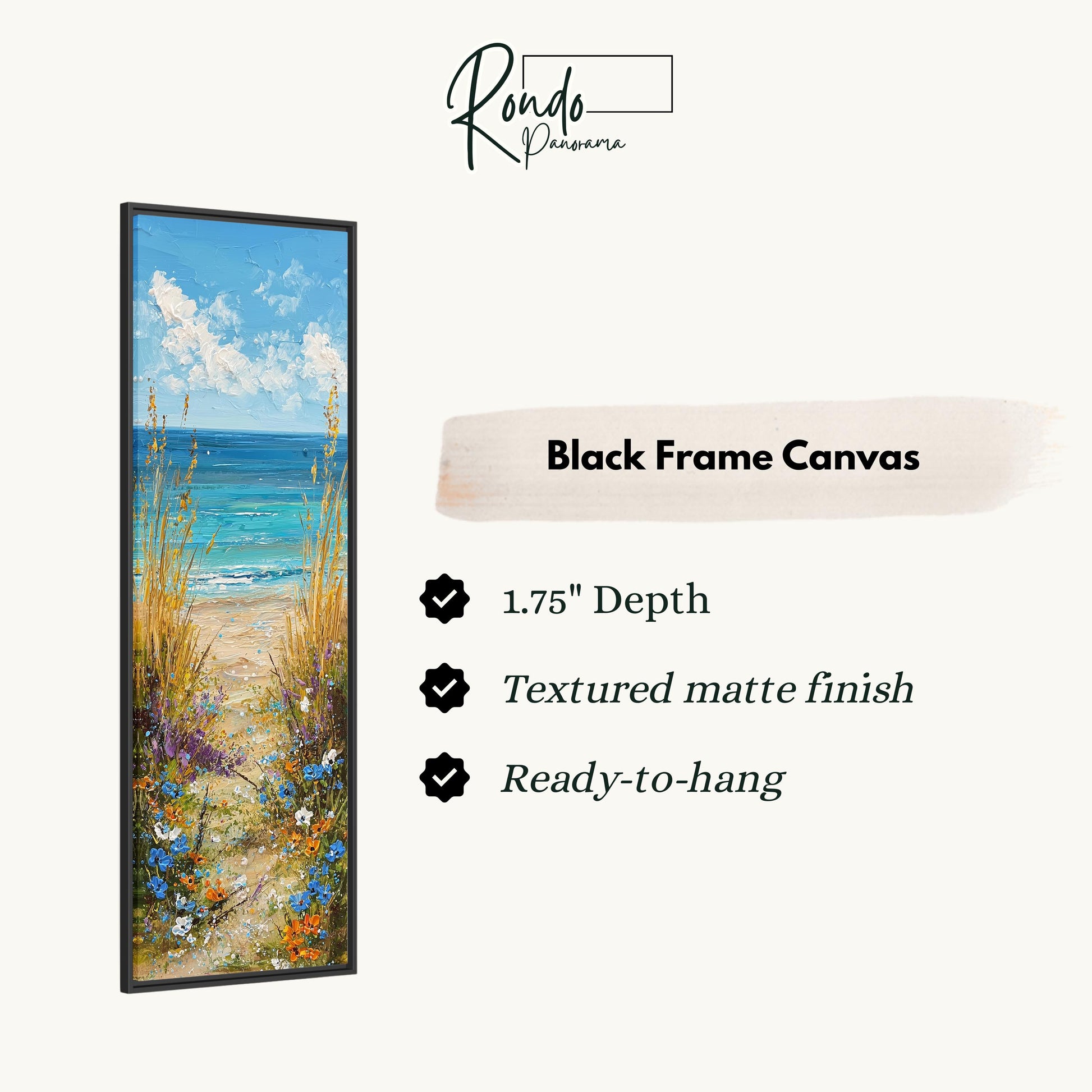 The image is a black frame canvas depicting a beach scene with a path leading to the ocean.