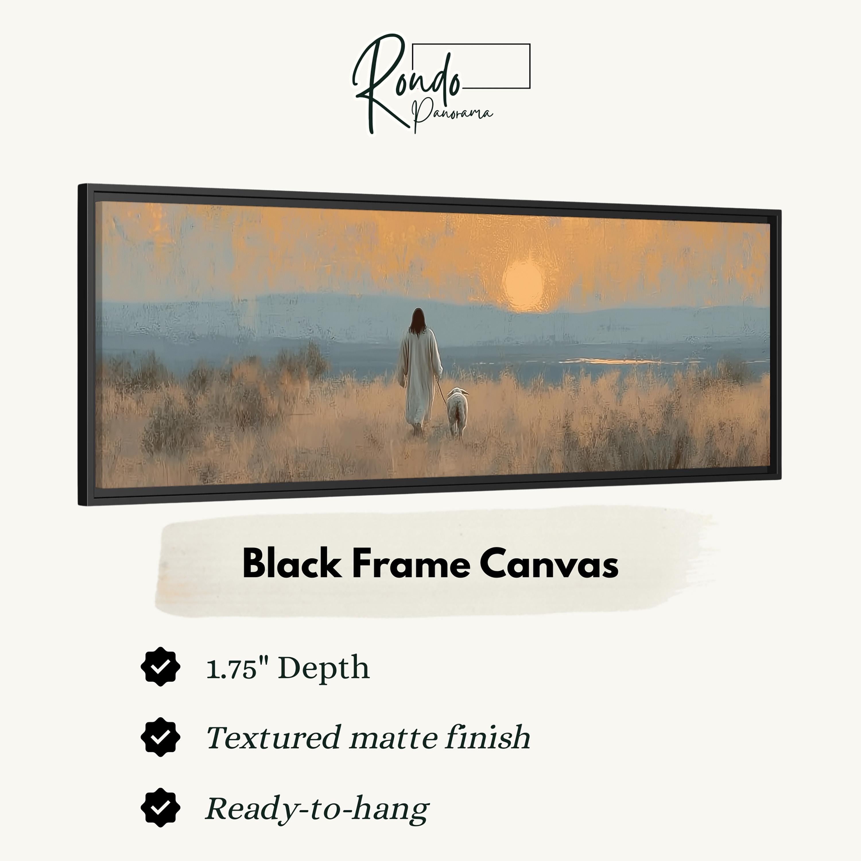The image is a black frame canvas depicting a person walking with a dog in a field at sunset.