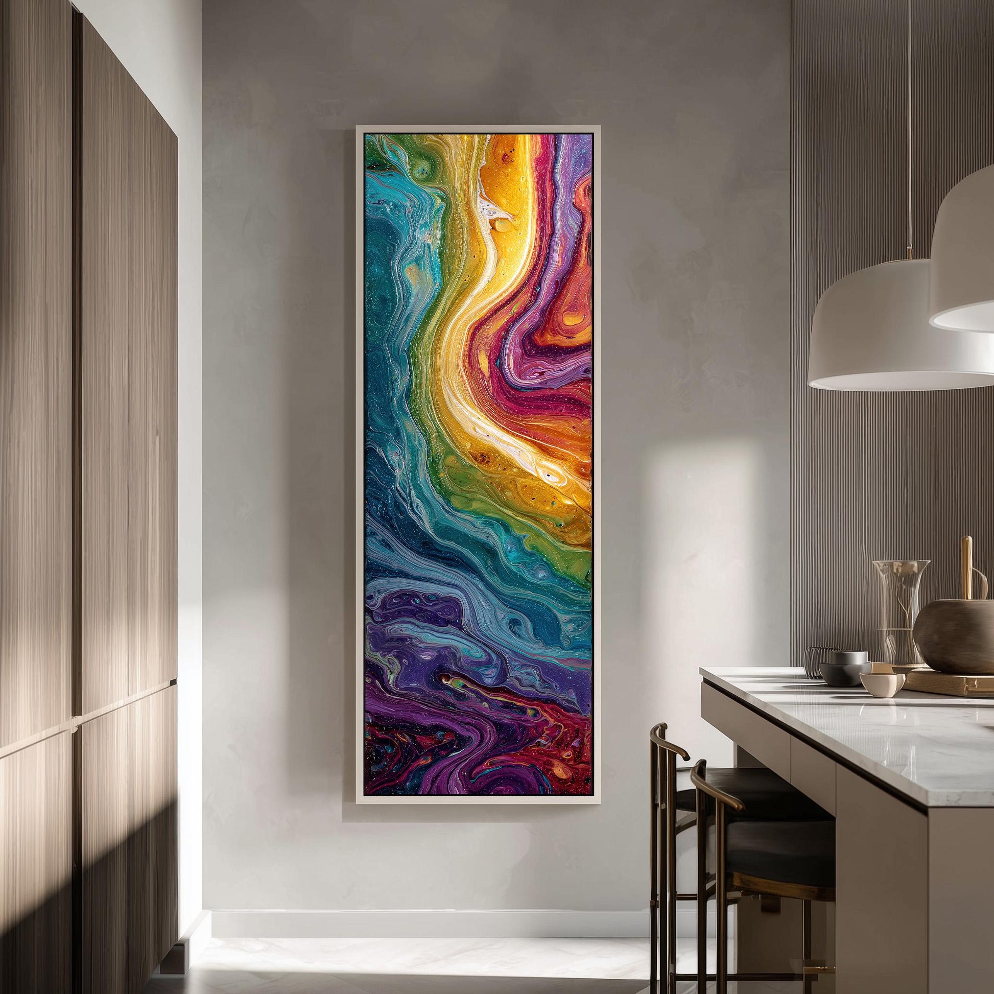 a vibrant, abstract painting hanging on a wall in a modern kitchen. The painting showcases a rainbow-like swirl of colors, creating a visually striking and dynamic display.