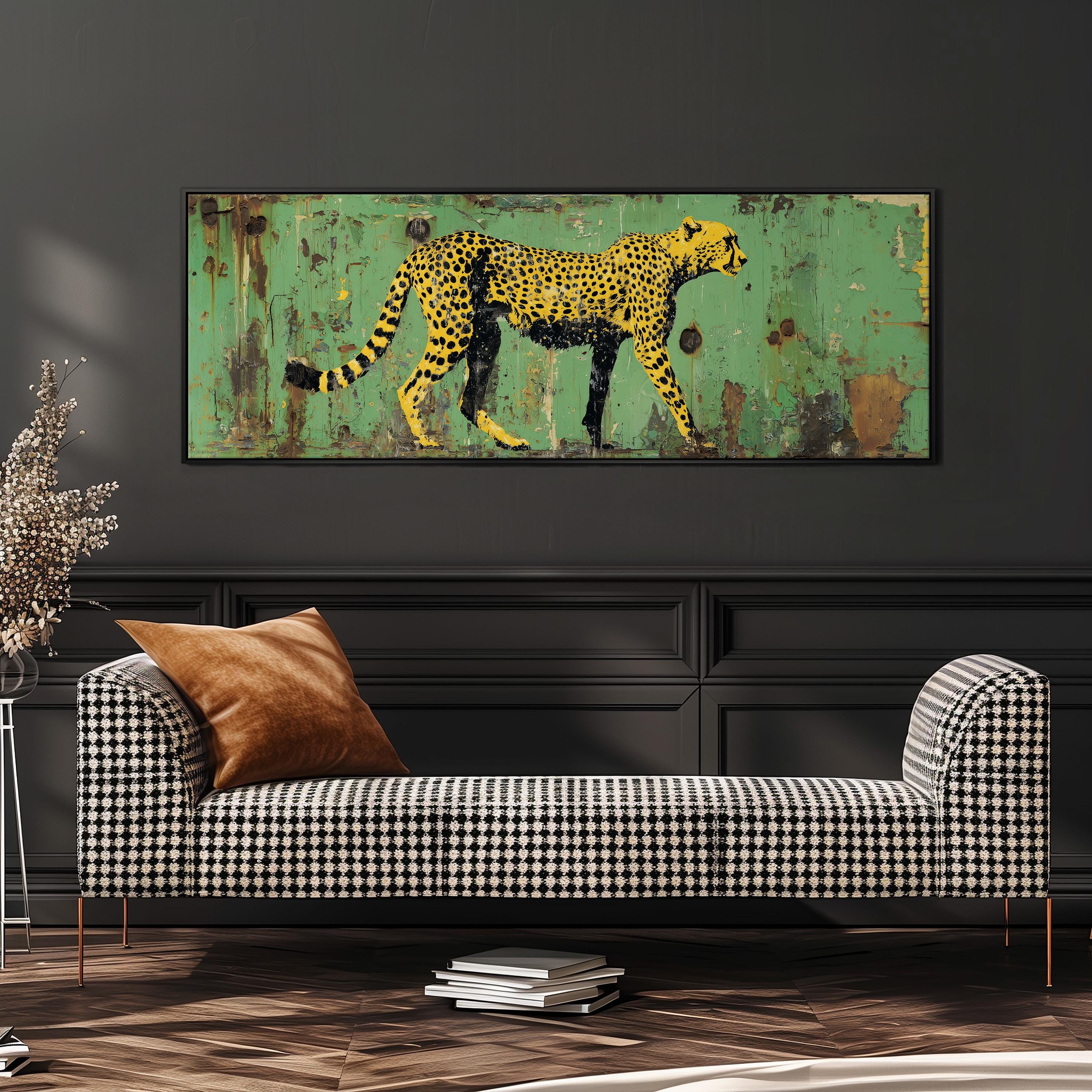a checkered sofa with a large framed painting of a cheetah on the wall above it.