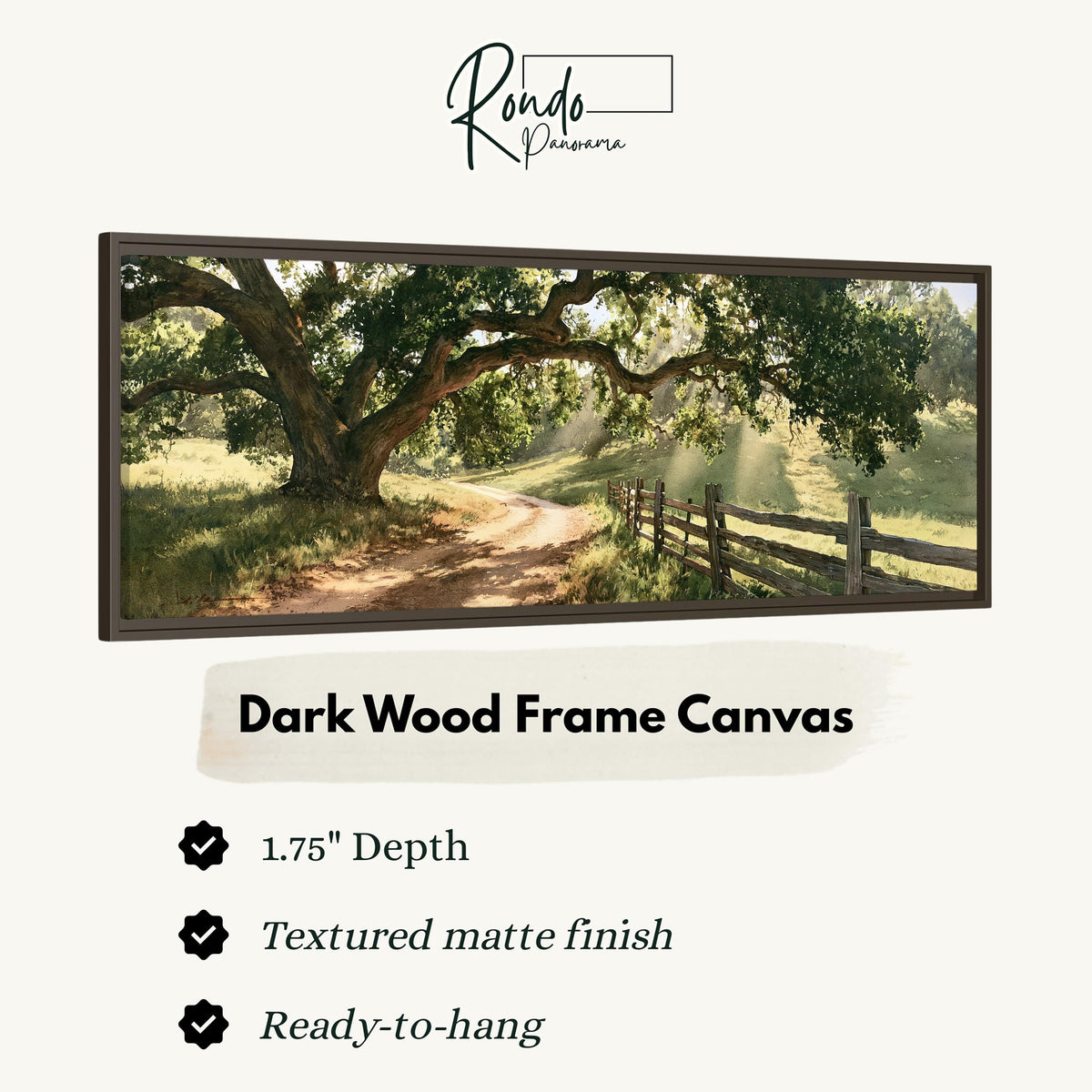 Sunlit country lane with oak trees and a wooden fence canvas print in a dark wood floating frame