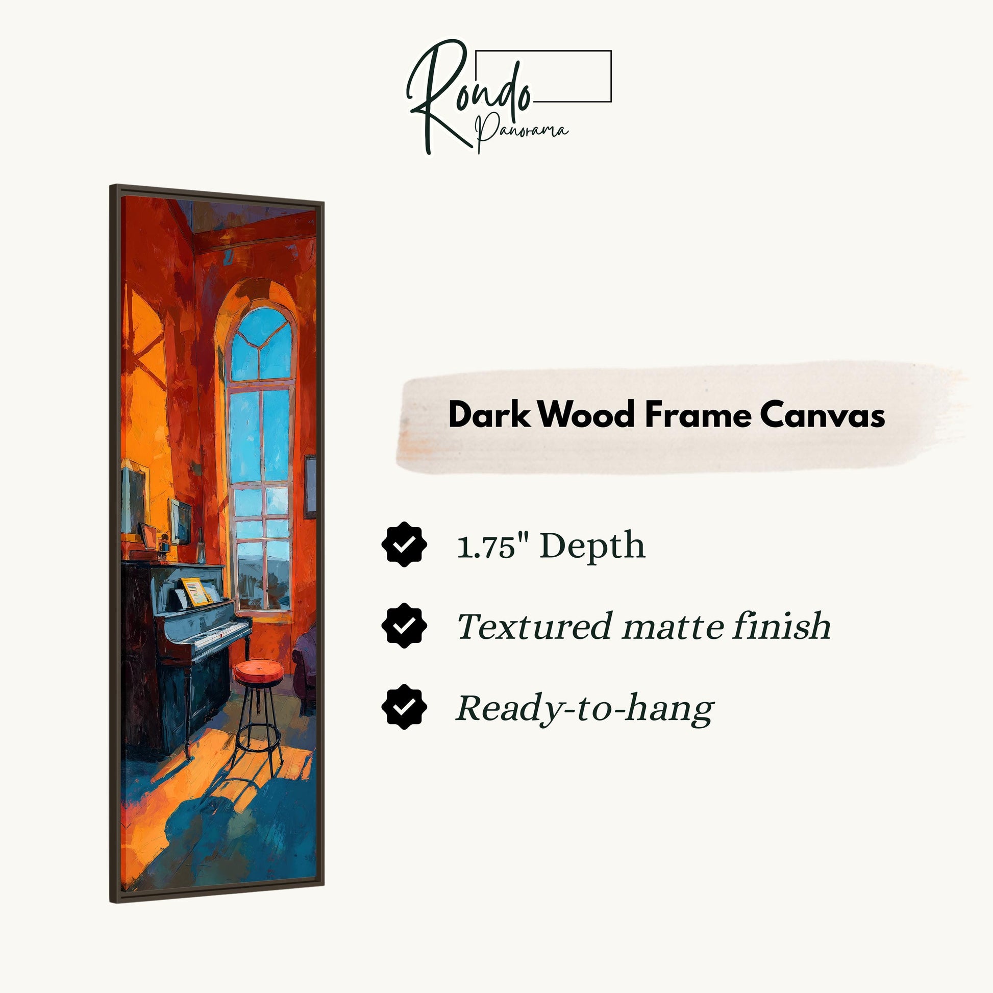 The image is a painting of a room with a piano, and it is described as a "Dark Wood Frame Canvas" with a "1.75" depth and a "Textured matte finish ready-to-hang".