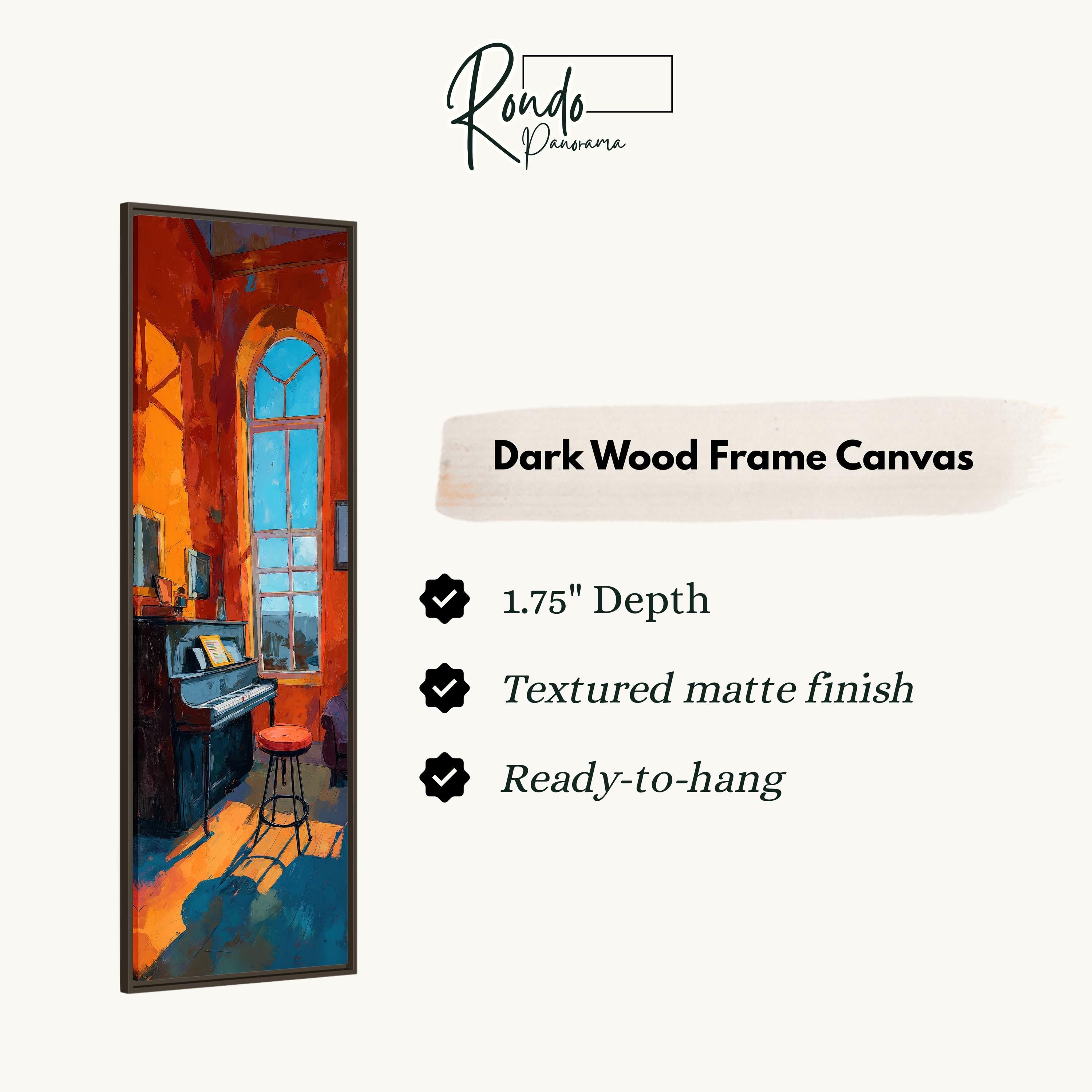 The image is a painting of a room with a piano, and it is described as a "Dark Wood Frame Canvas" with a "1.75" depth and a "Textured matte finish ready-to-hang".