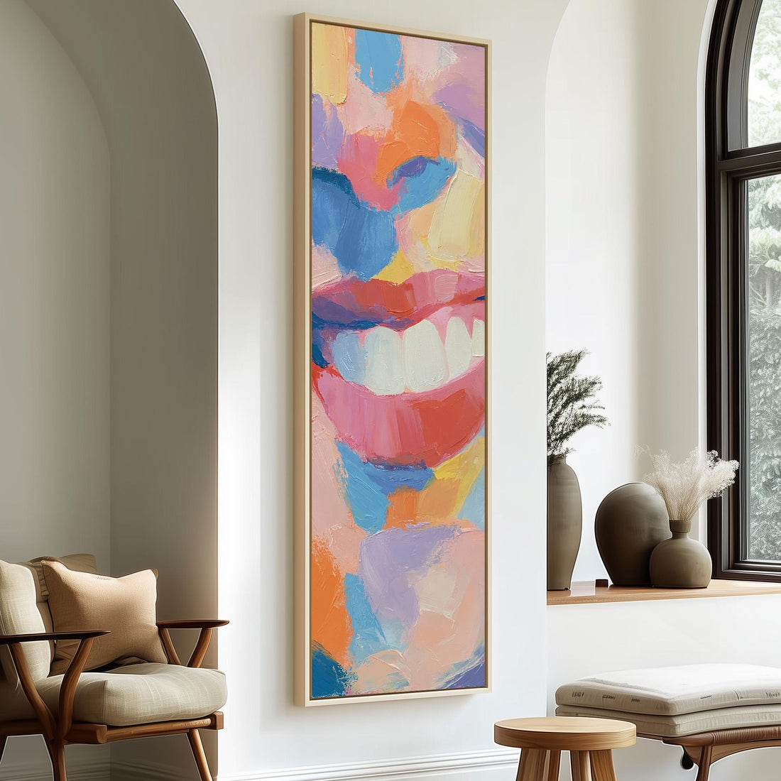 Abstract pop art smile long vertical canvas print in a sunlit living space