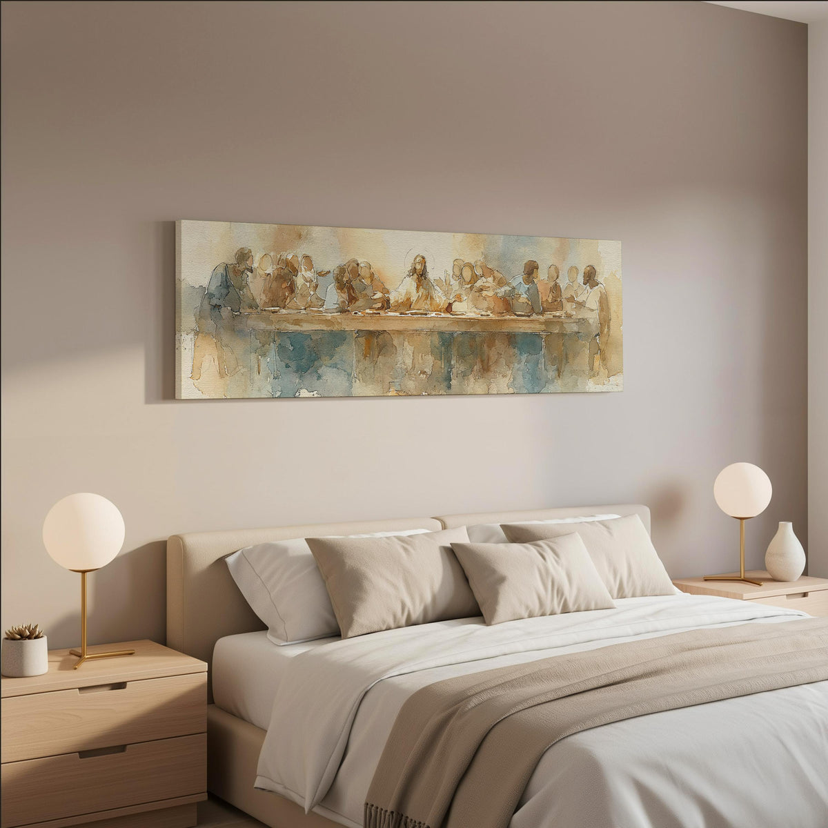 The Last Supper in watercolor long horizontal canvas print displayed on a wall