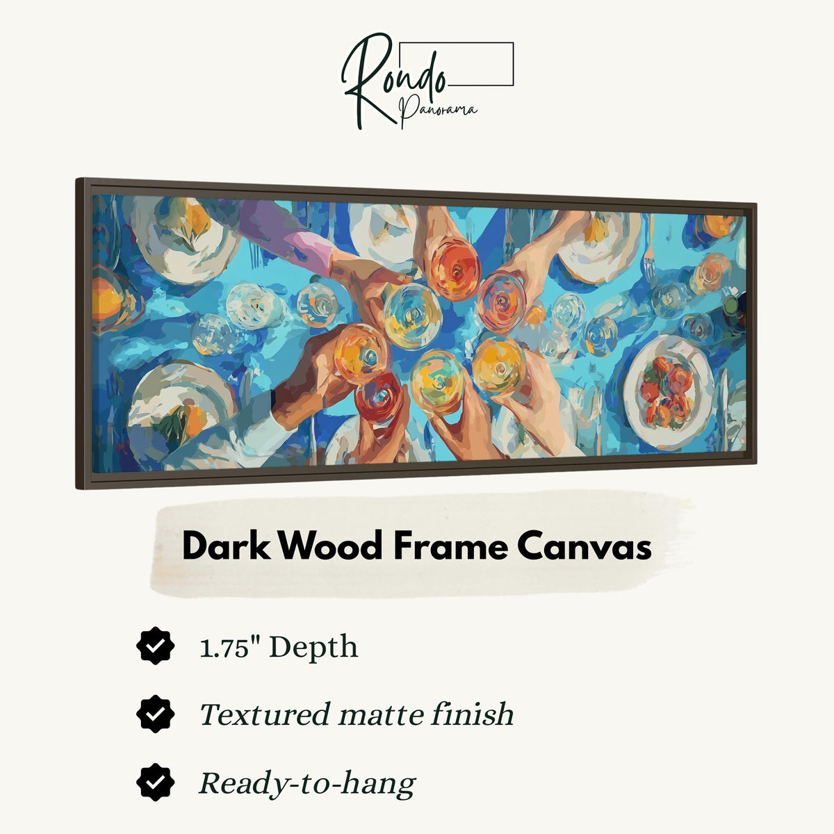 Friends toasting over a blue table from above canvas print in a dark wood floating frame