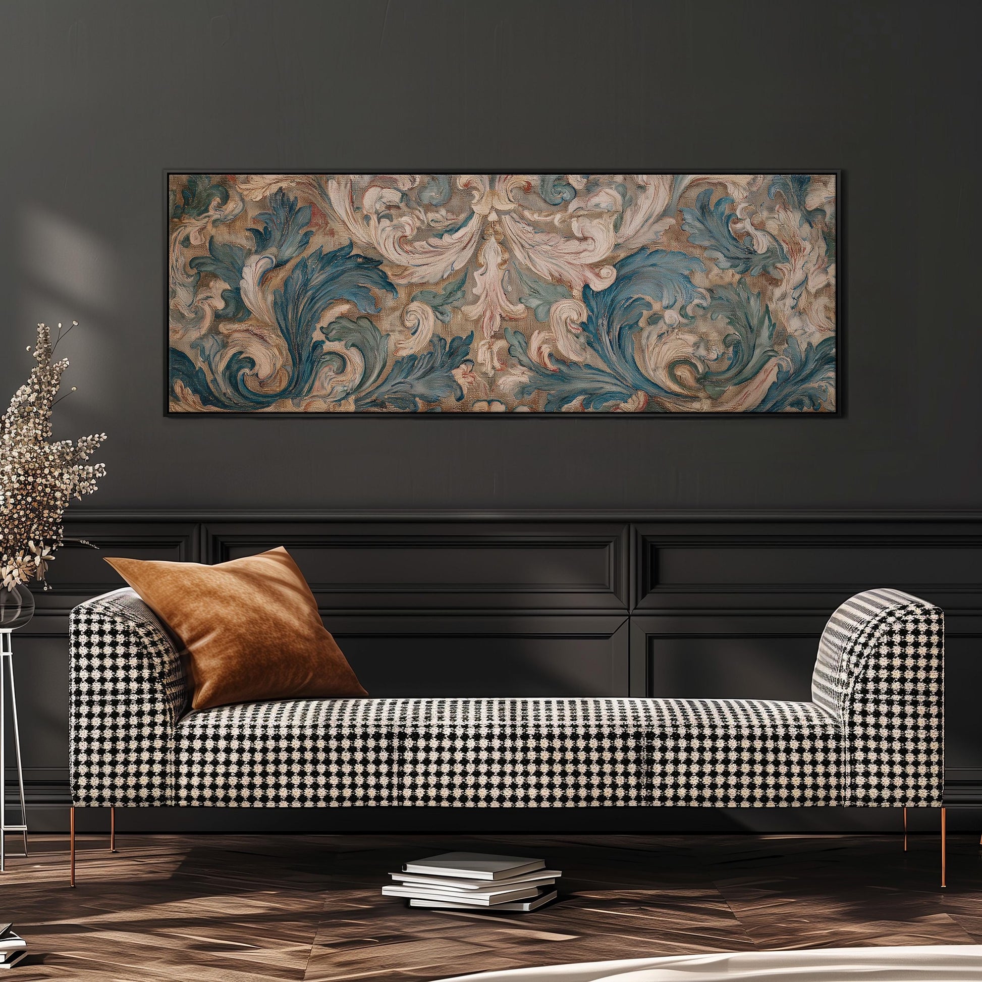 a black and white checkered sofa with a brown throw pillow, set against a dark wall with a large framed painting hanging above it.