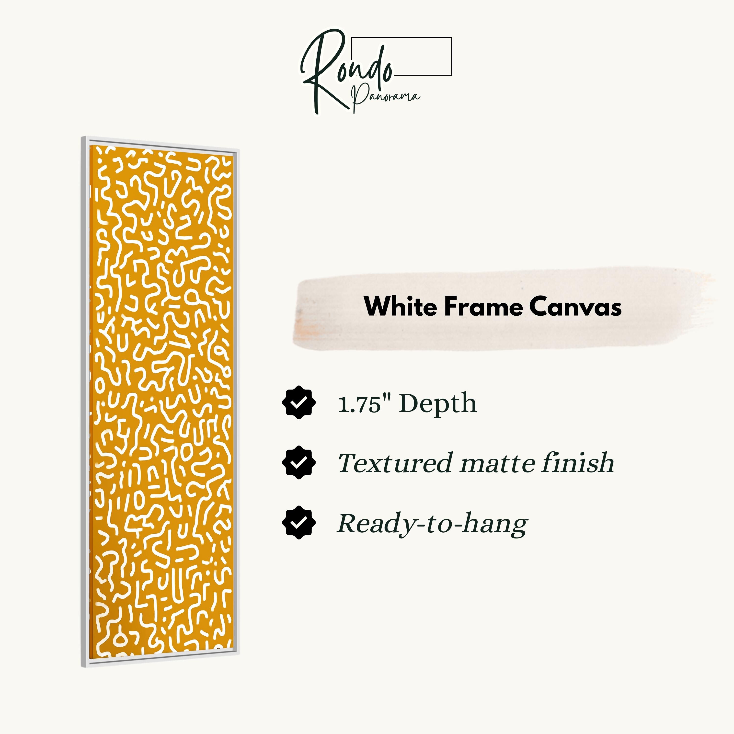 The image is a product description for a white frame canvas. It features a vertical image of a patterned design in yellow and orange colors. The description highlights the canvas's features, such as its 1.75" depth, textured matte finish, and ready-to-hang nature.