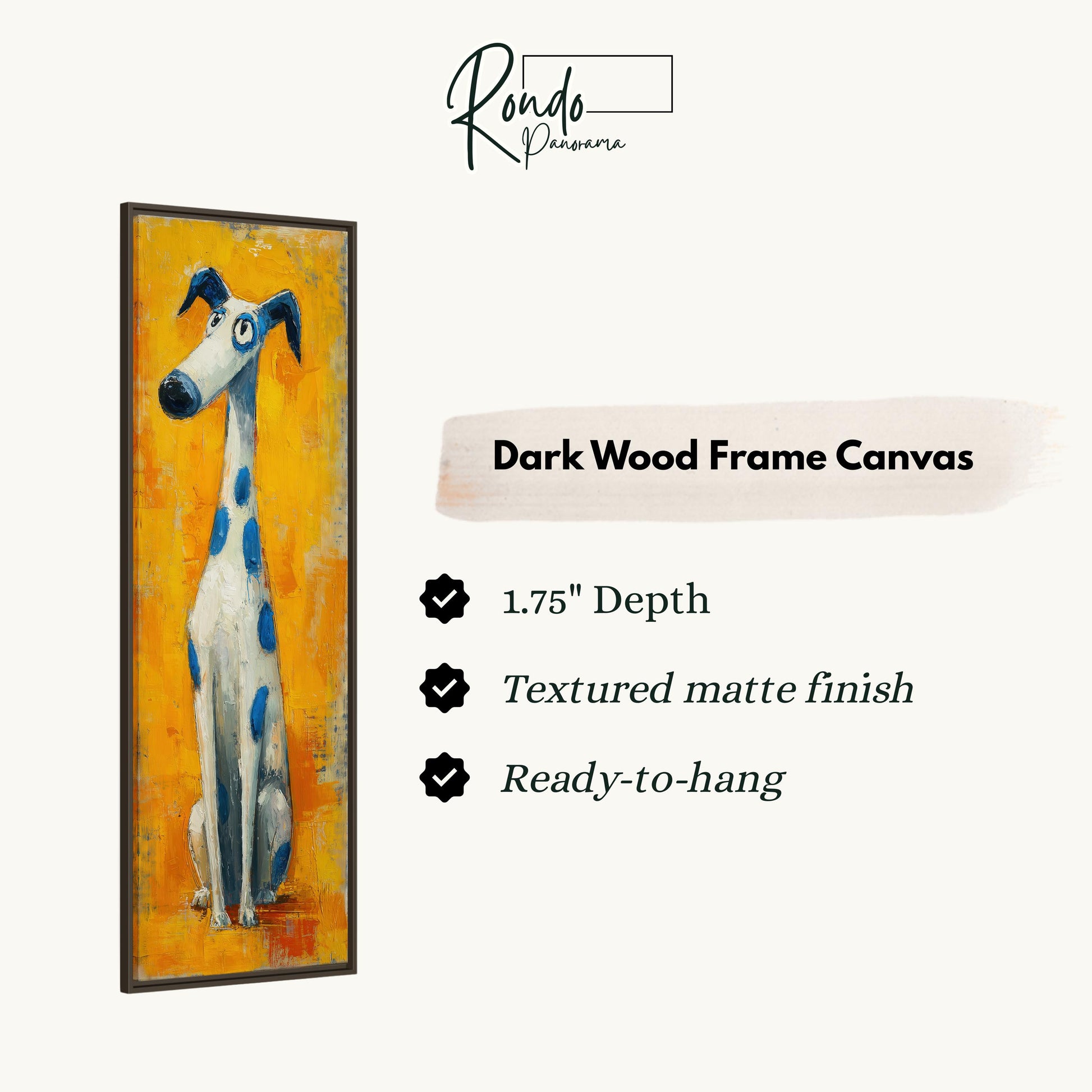 The image is a rectangular dark wood frame canvas featuring a painting of a dog sitting on an orange background.