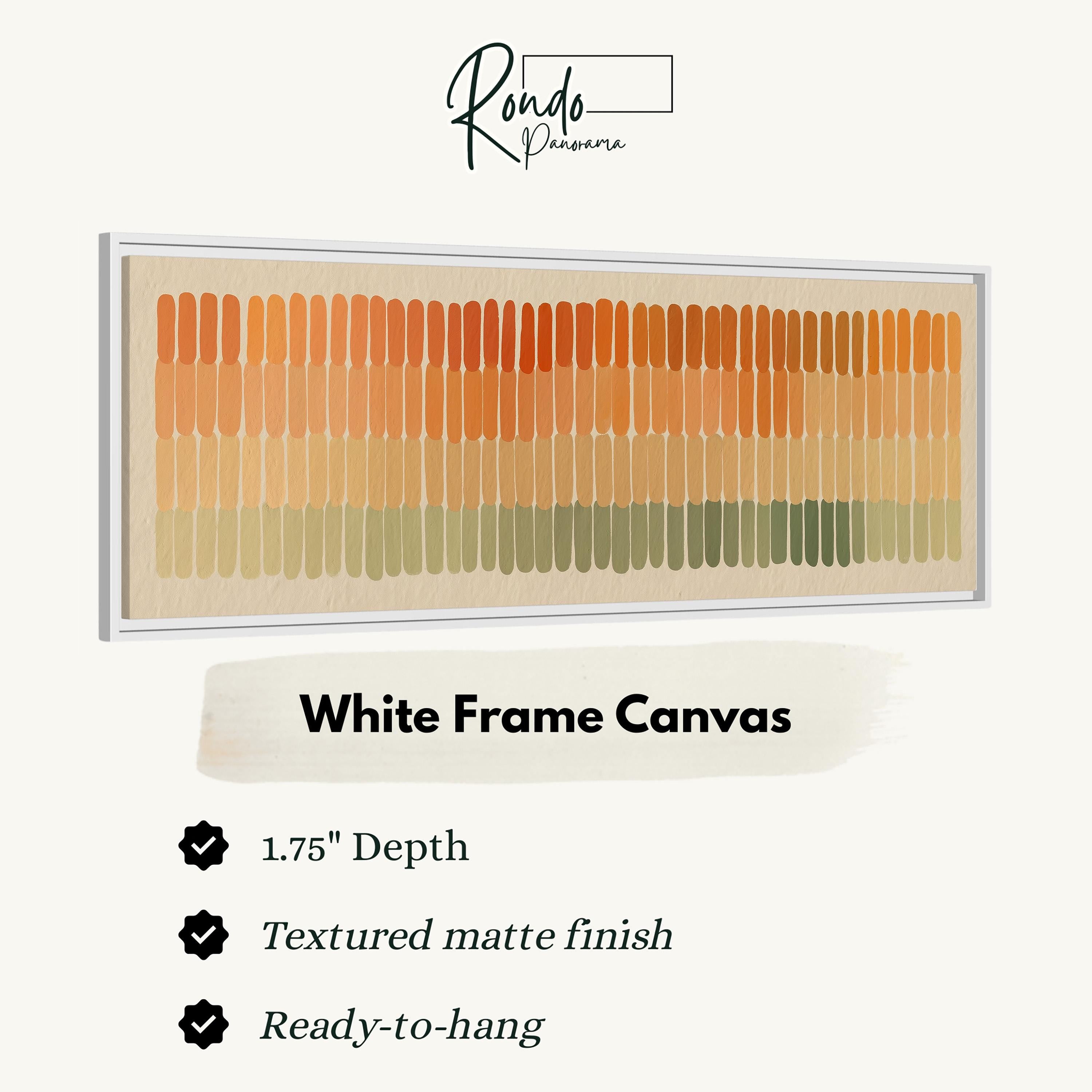 a white frame canvas with a repeating pattern of orange and green vertical lines. The canvas has a 1.75" depth and is textured with a matte finish. It is ready to hang.