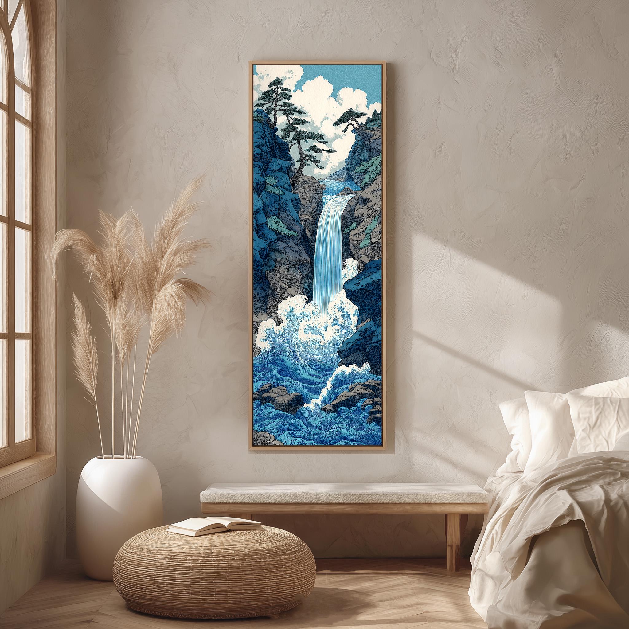 a serene indoor setting with a large painting of a waterfall hanging on the wall. The painting is framed in wood and depicts a waterfall cascading down a rocky cliff surrounded by trees. The room is decorated with a large window, a white vase, and a woven ottoman.