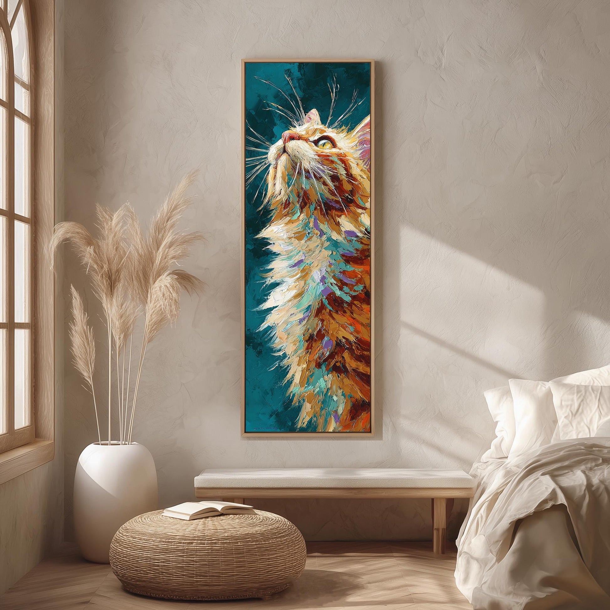 a large, colorful painting of a cat hanging on a wall in a room with a wooden floor and a white bed.
