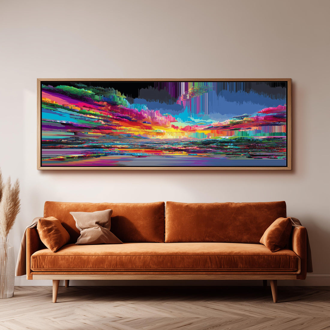 a large, vibrant abstract painting hanging on a wall above a brown sofa.