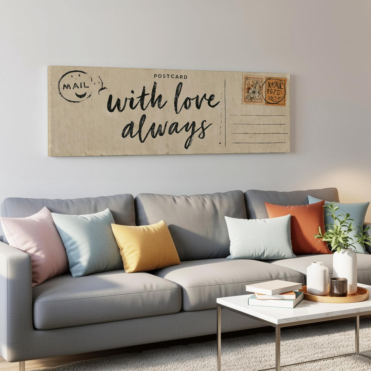 Vintage postcard saying with love always panoramic canvas print above a grey sofa in a living room