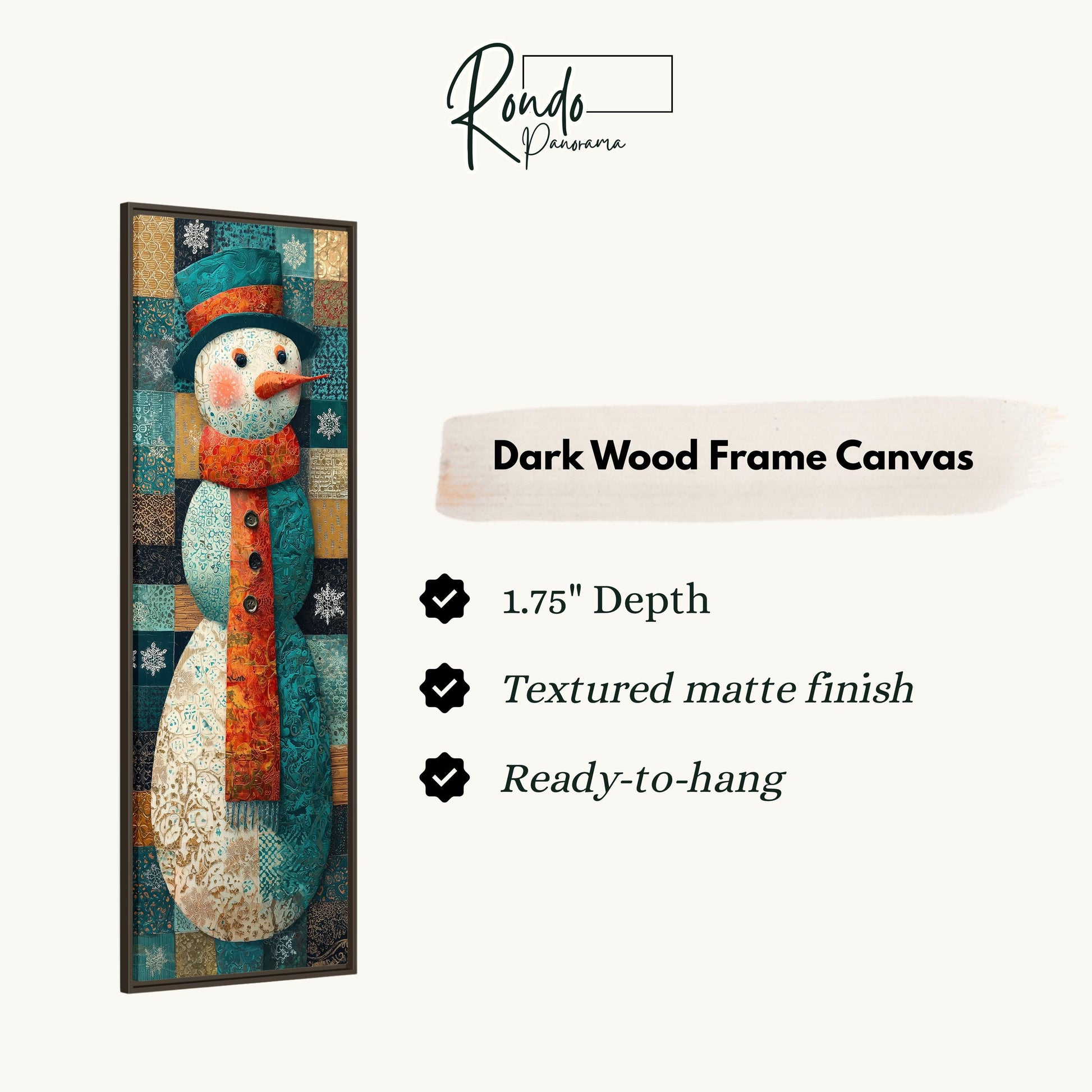 The image is a framed artwork depicting a snowman, with a dark wood frame. The text provides information about the artwork, including its 1.75" depth, textured matte finish, and ready-to-hang feature.