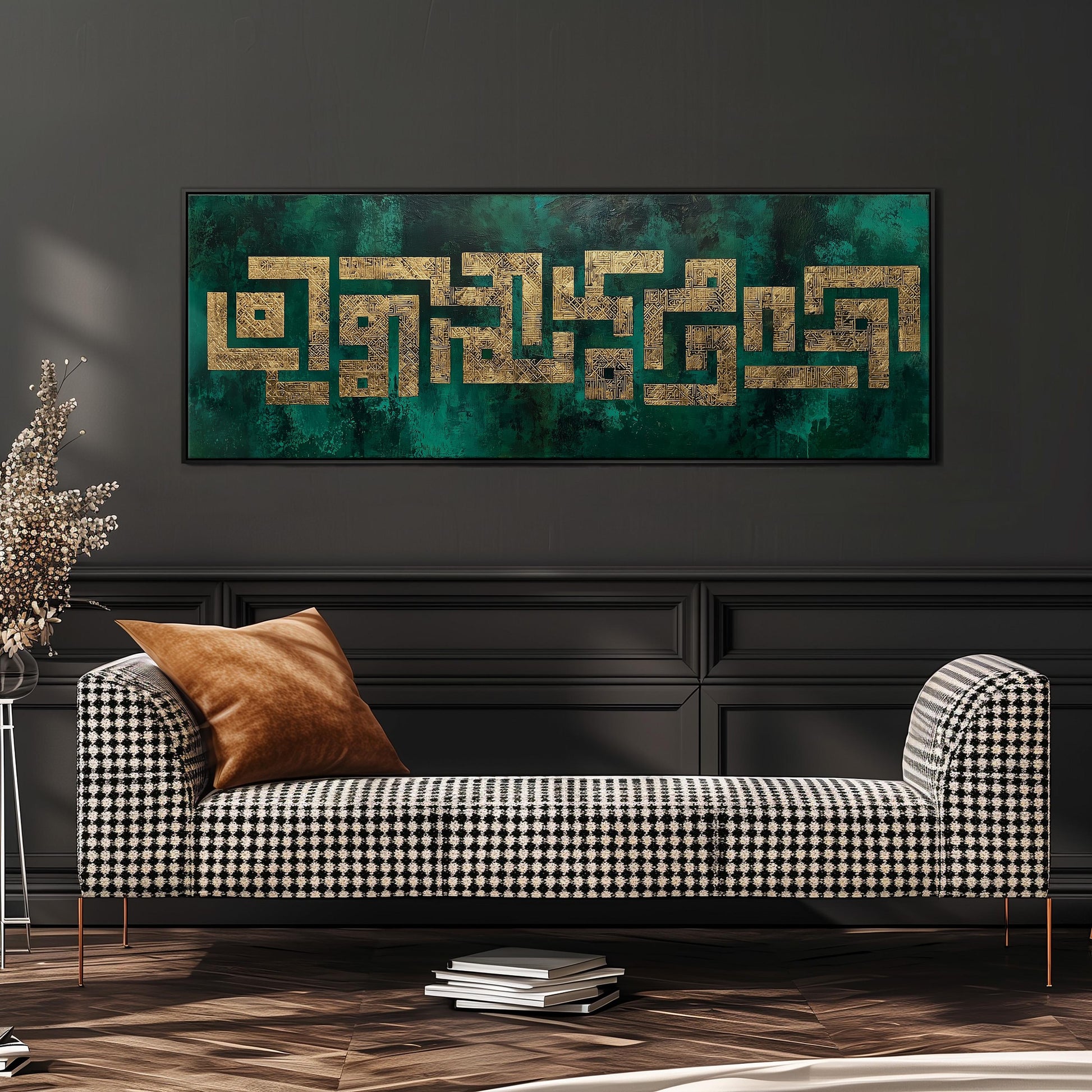 a black and white checkered sofa with a brown throw pillow, set against a dark wall with a large framed artwork above it.