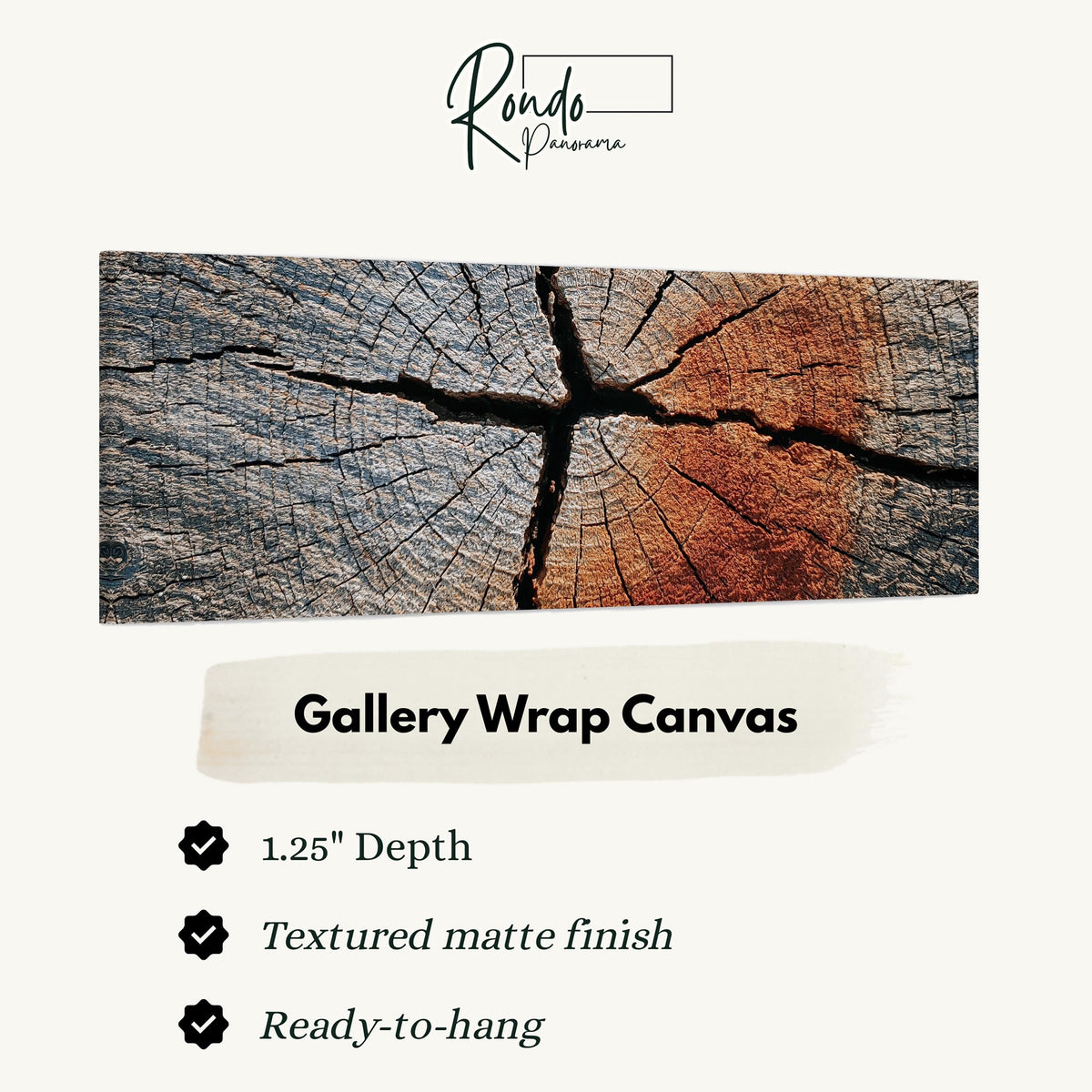 Copper cracked wood grain gallery wrap canvas with the image wrapped around the edges