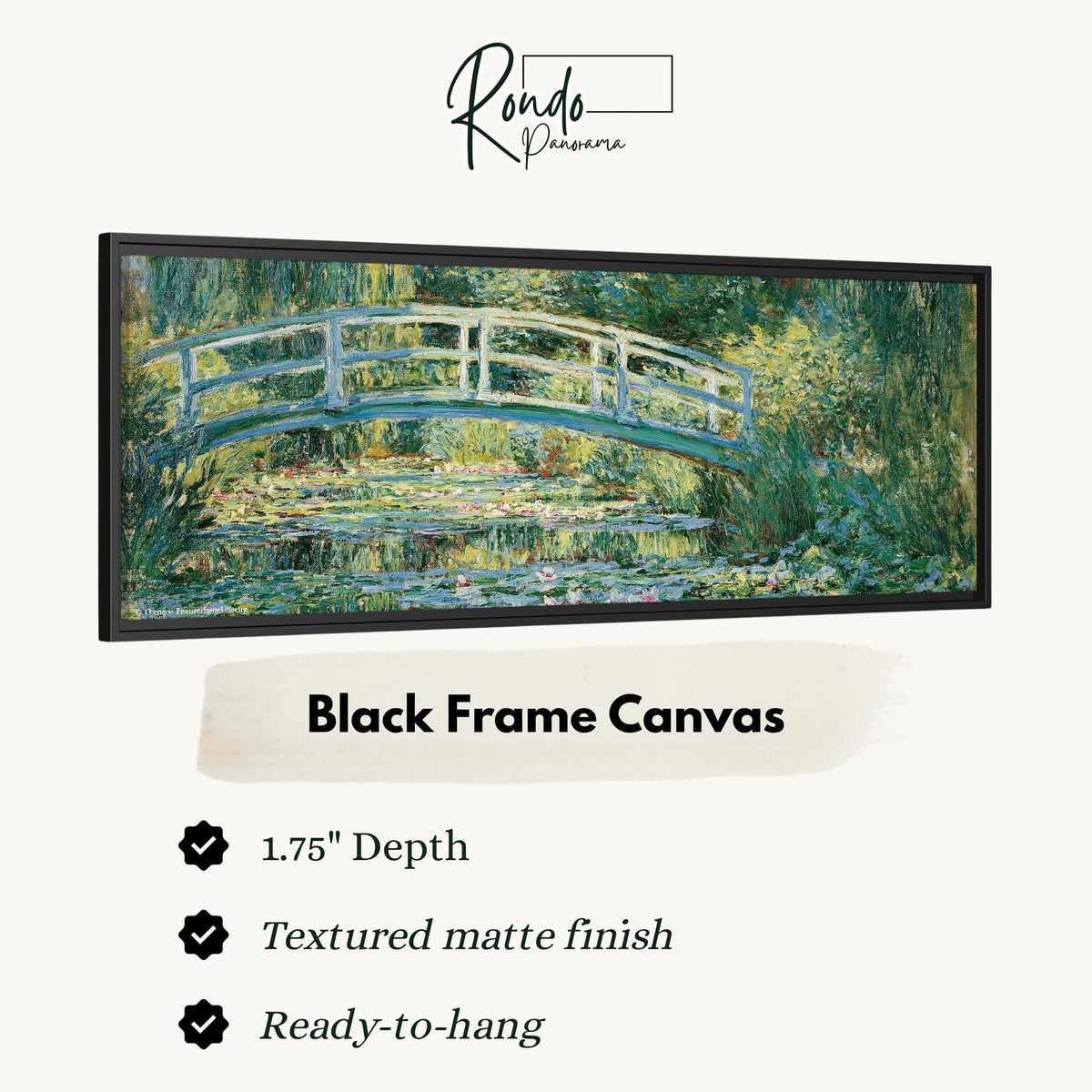 Japanese bridge over a water lily pond canvas print in a black floating frame