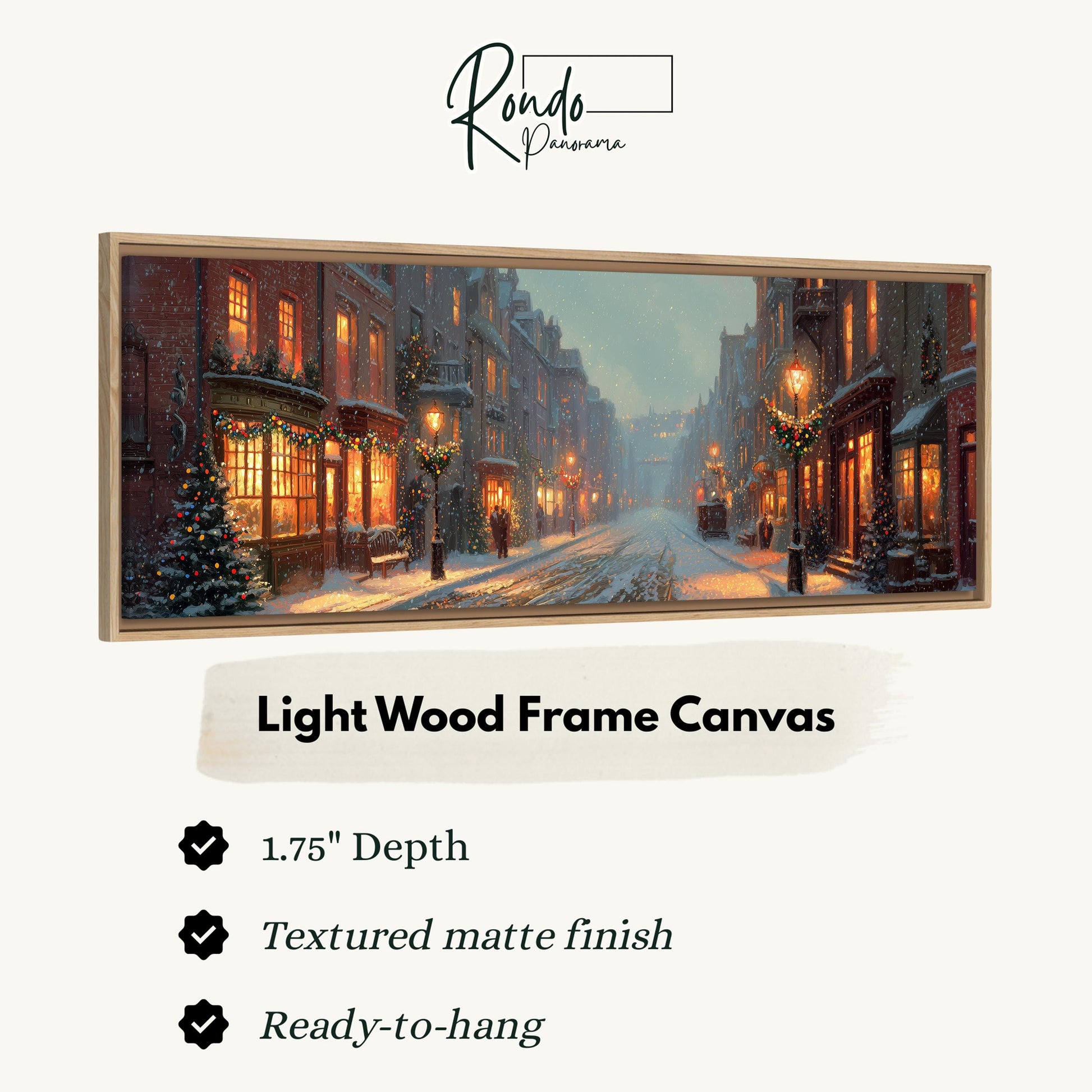 A framed painting depicting a snowy city street at night with illuminated buildings and Christmas trees.