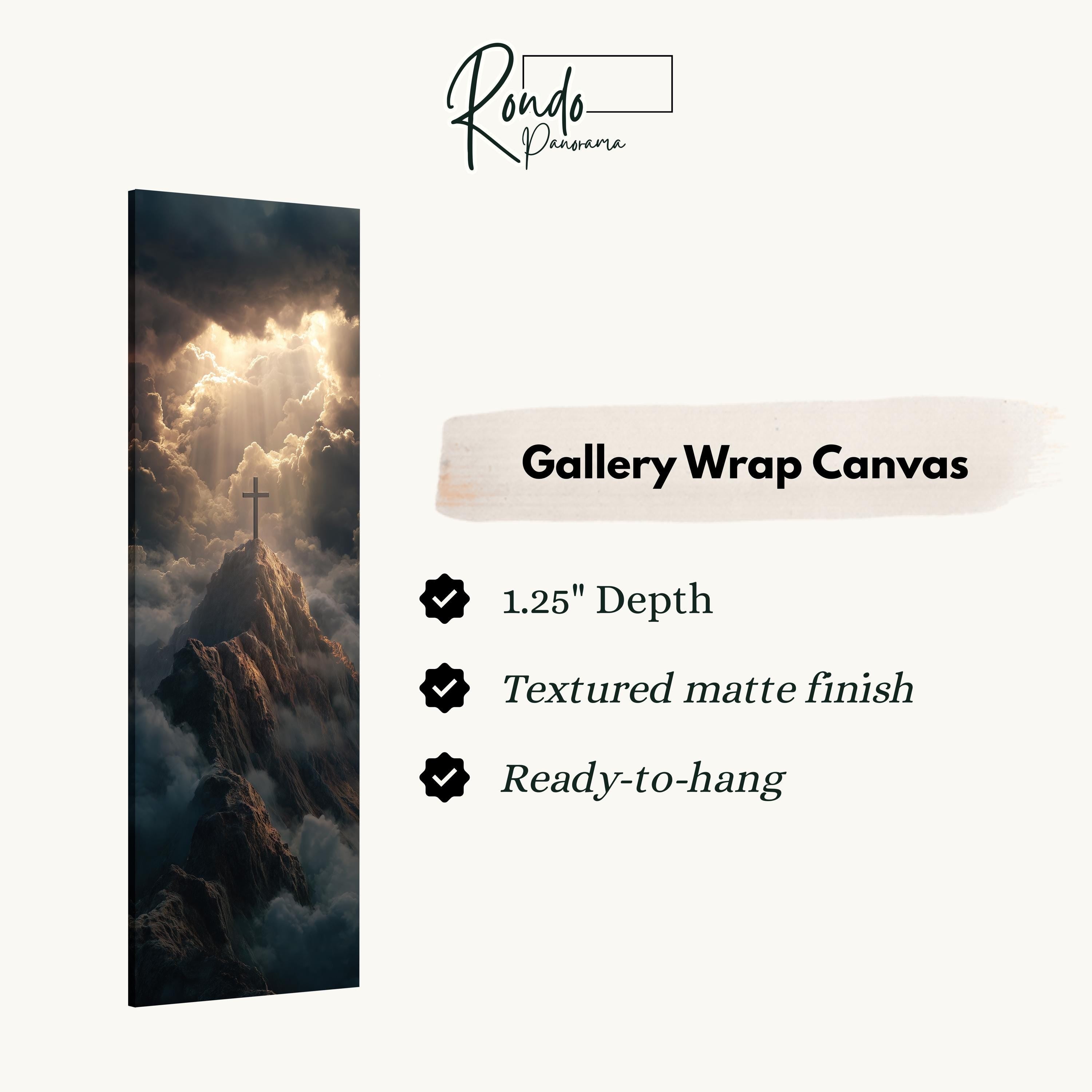 The image is a gallery wrap canvas featuring a dramatic landscape with a cross on a mountain peak, surrounded by clouds and sunlight.