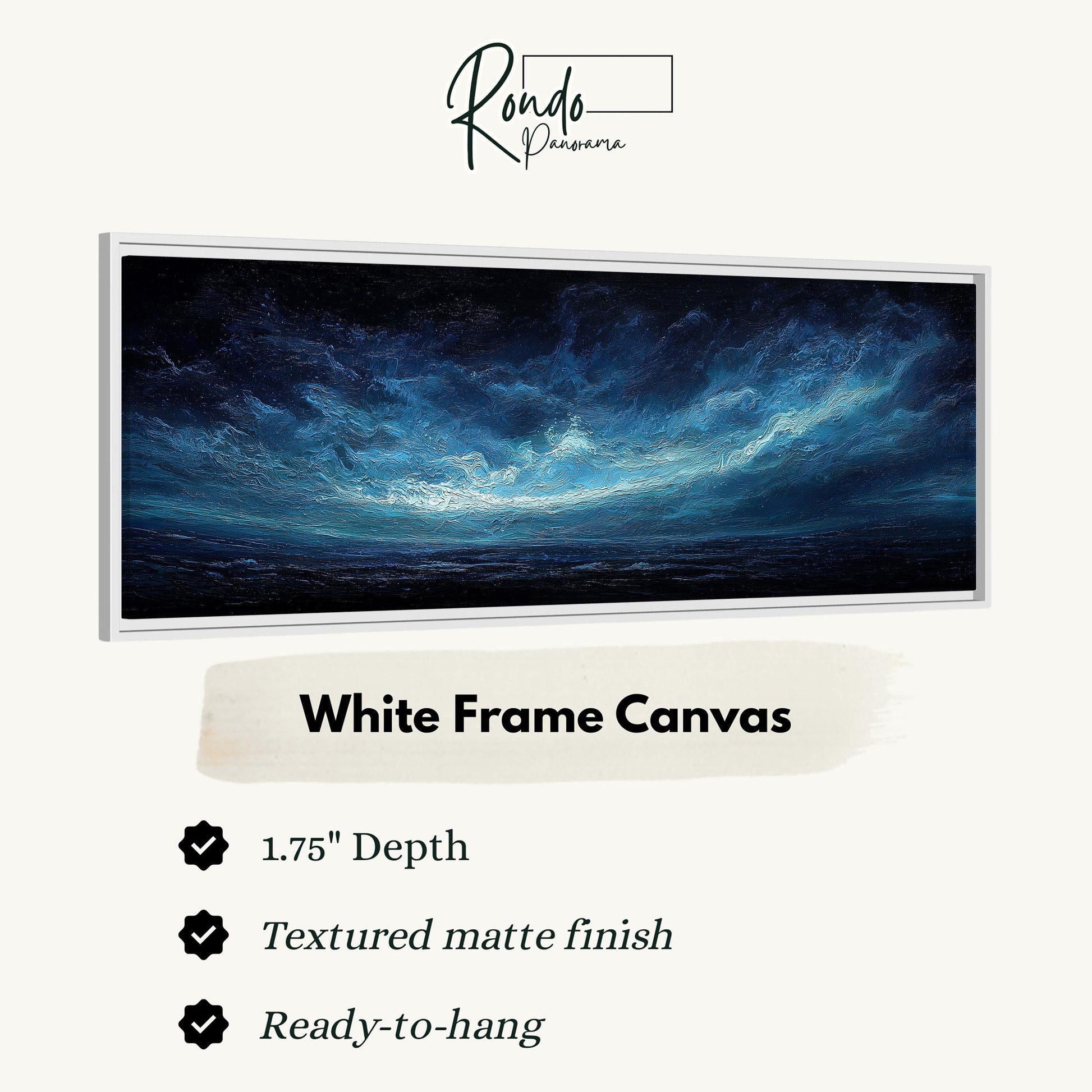 The image is a white frame canvas depicting a seascape with a dark blue sky and a white, wispy cloud formation.