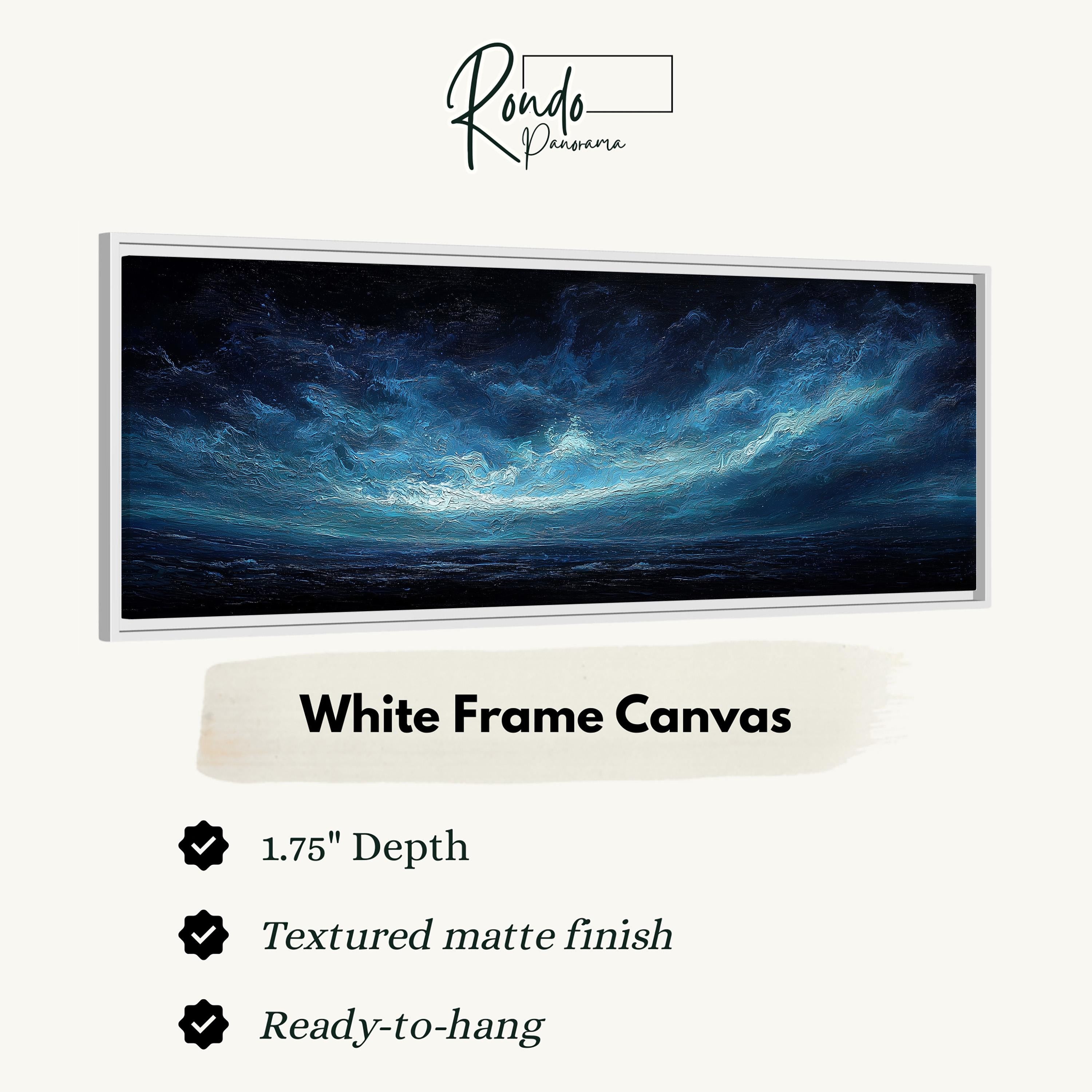 The image is a white frame canvas depicting a seascape with a dark blue sky and a white, wispy cloud formation.