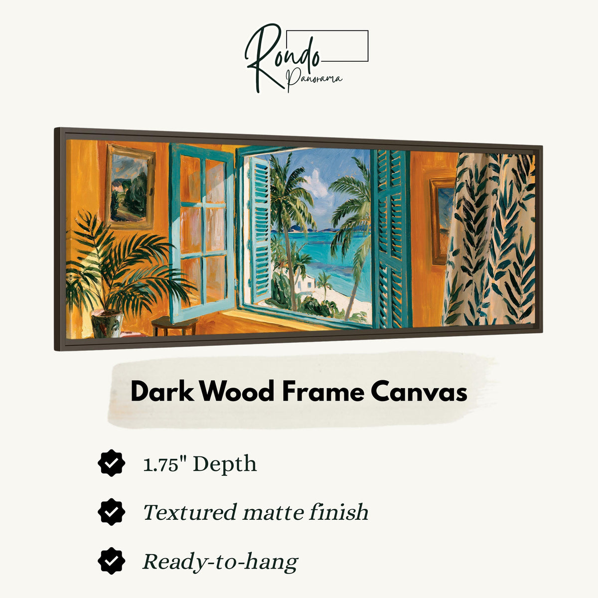 Beach house window overlooking palms and sea canvas print in a dark wood floating frame