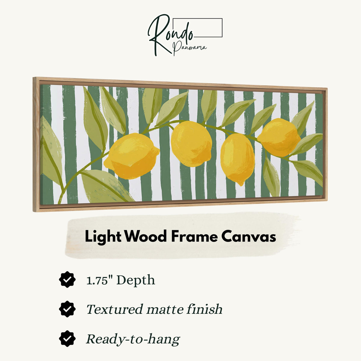 Lemon branch on green stripes canvas print in a light wood floating frame