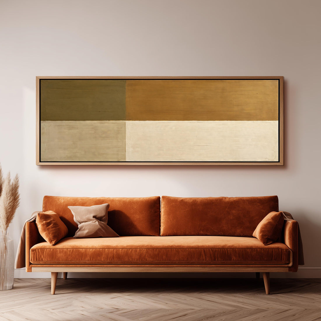 Olive and cream quadrants long horizontal canvas print above a sofa in a living room