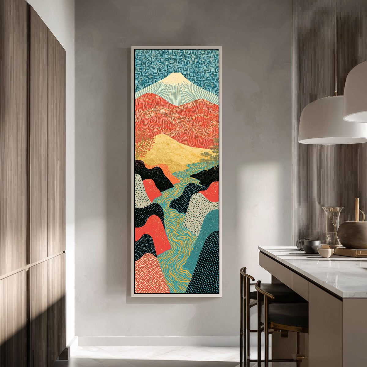 Mount Fuji above a winding river valley tall skinny canvas print in a modern kitchen