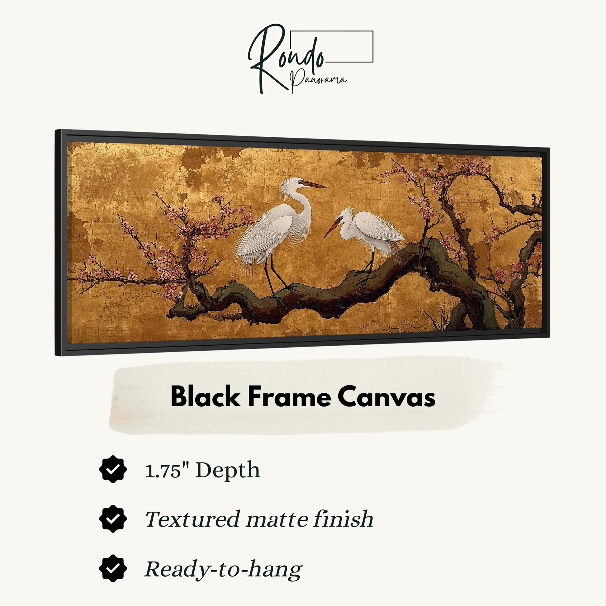 The image is a black frame canvas depicting two white birds perched on a branch with pink flowers.