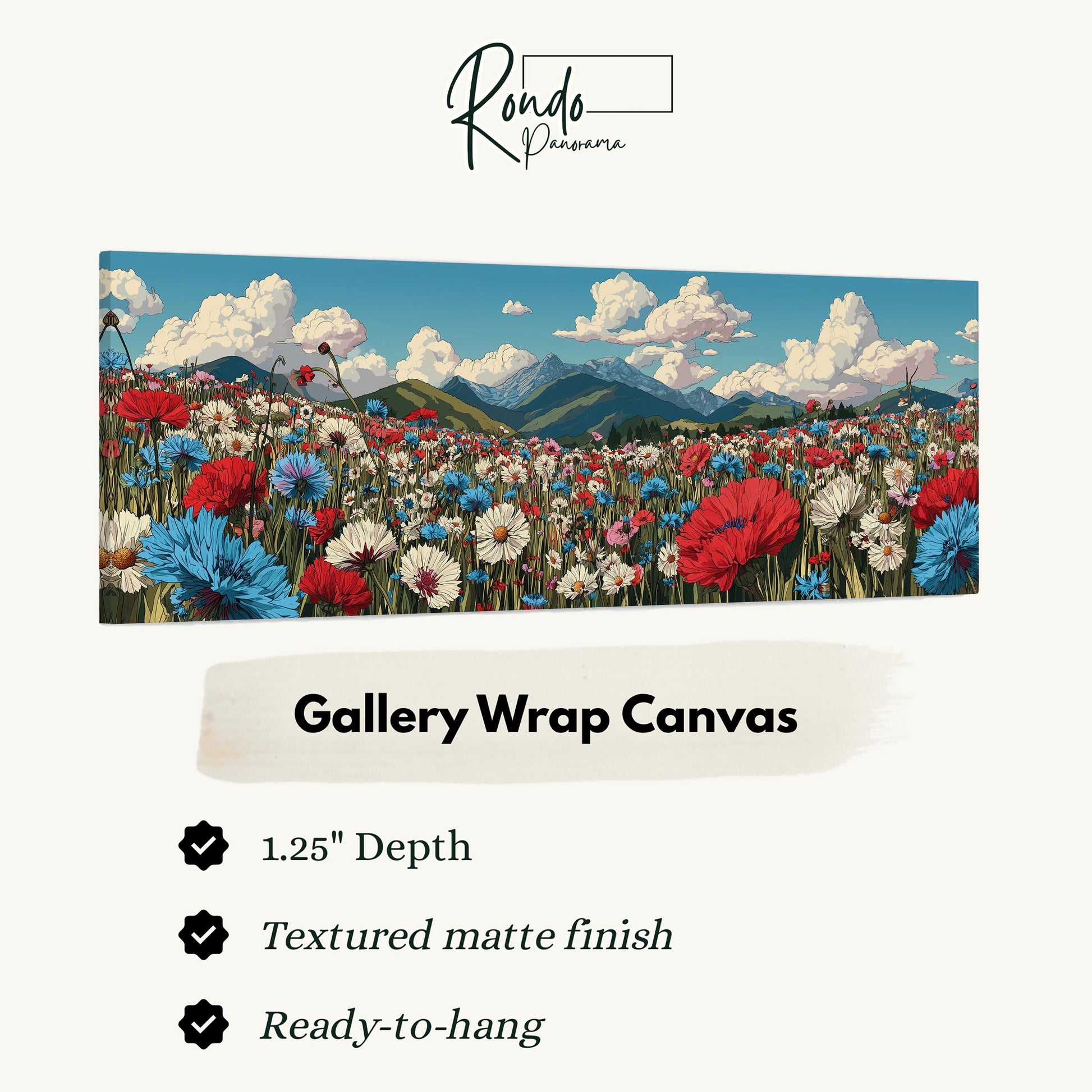 The image is a gallery wrap canvas featuring a vibrant field of flowers with mountains in the background.