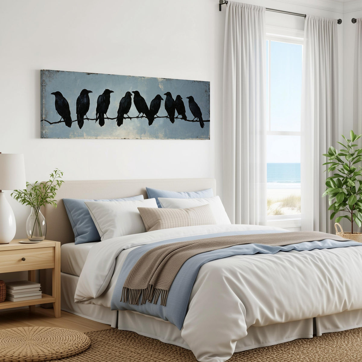 Crows gathered on a branch panoramic canvas print above a bed in a coastal bedroom
