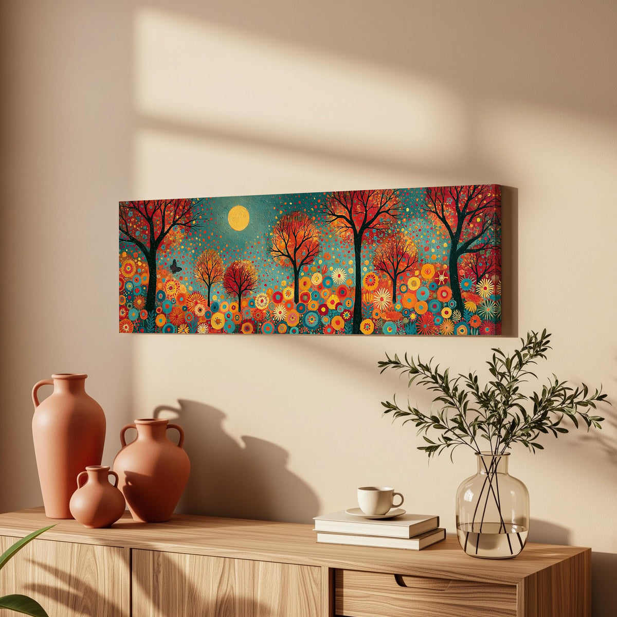 Folk art autumn forest with flowers long horizontal canvas print above a wooden sideboard