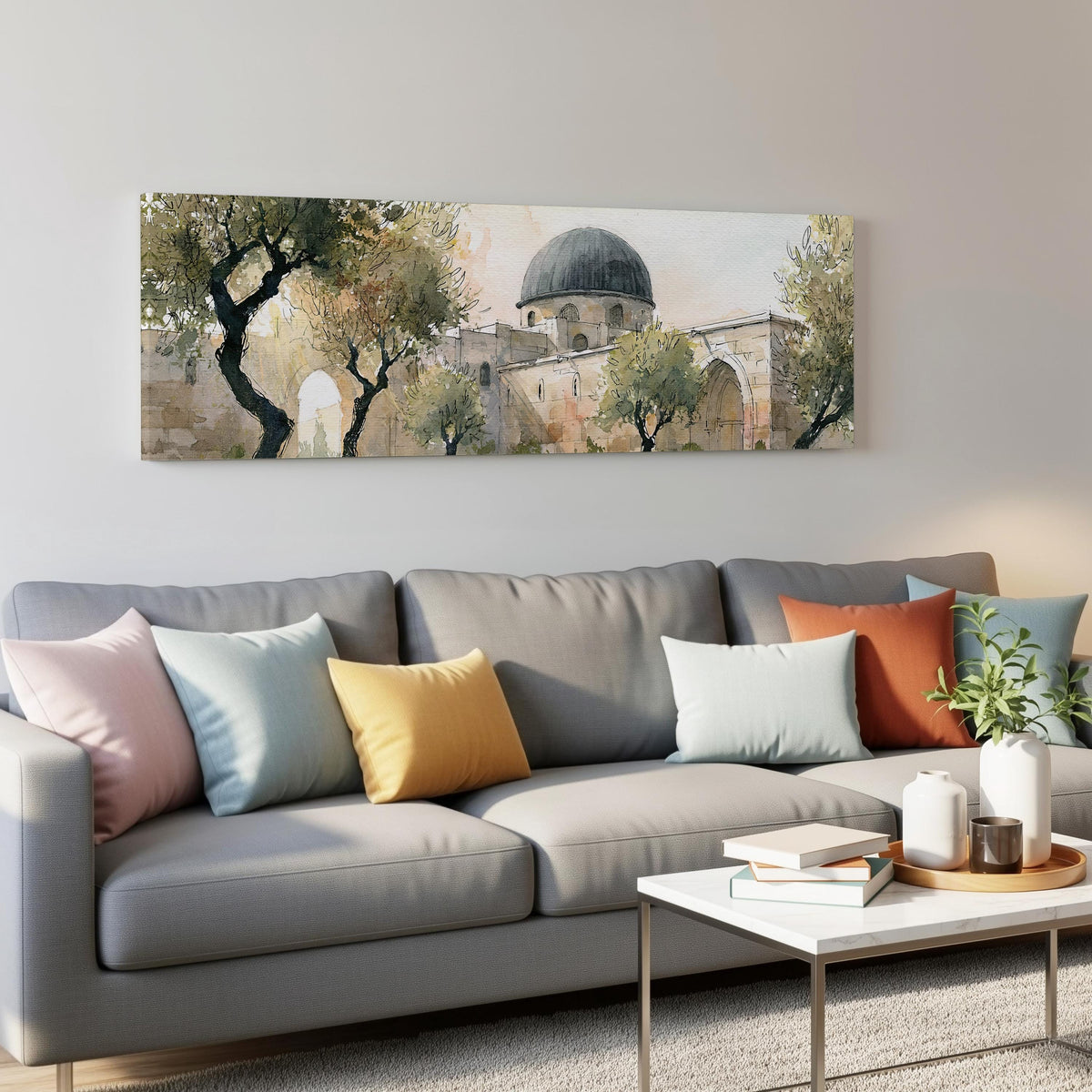 Old stone dome in a sketch style panoramic canvas print above a grey sofa in a living room