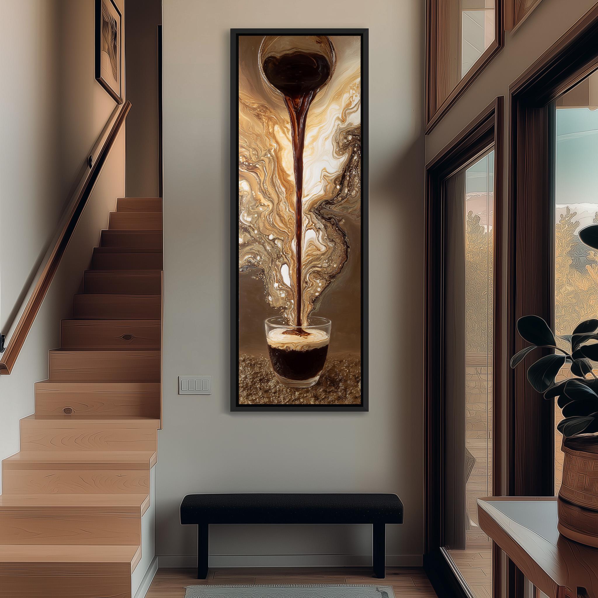 a large painting of a coffee cup with a stream of coffee pouring out of it, hanging on the wall in a hallway.