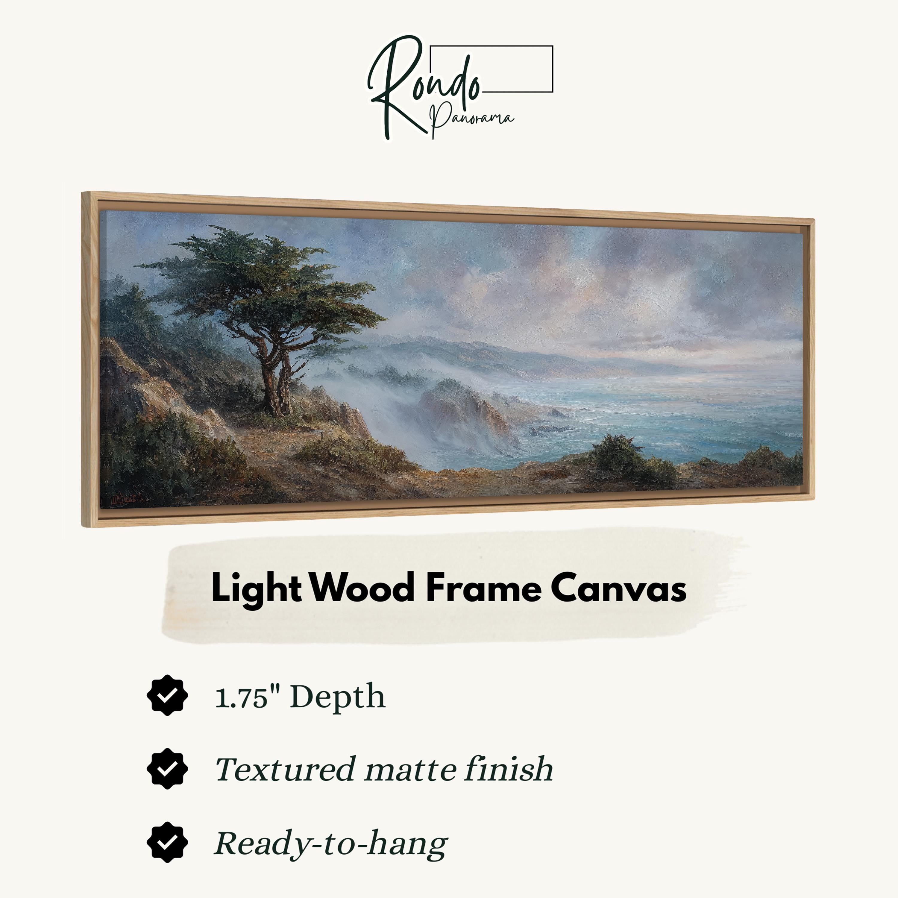 The image is a painting of a landscape with a tree and mountains in the background, displayed in a light wood frame canvas.