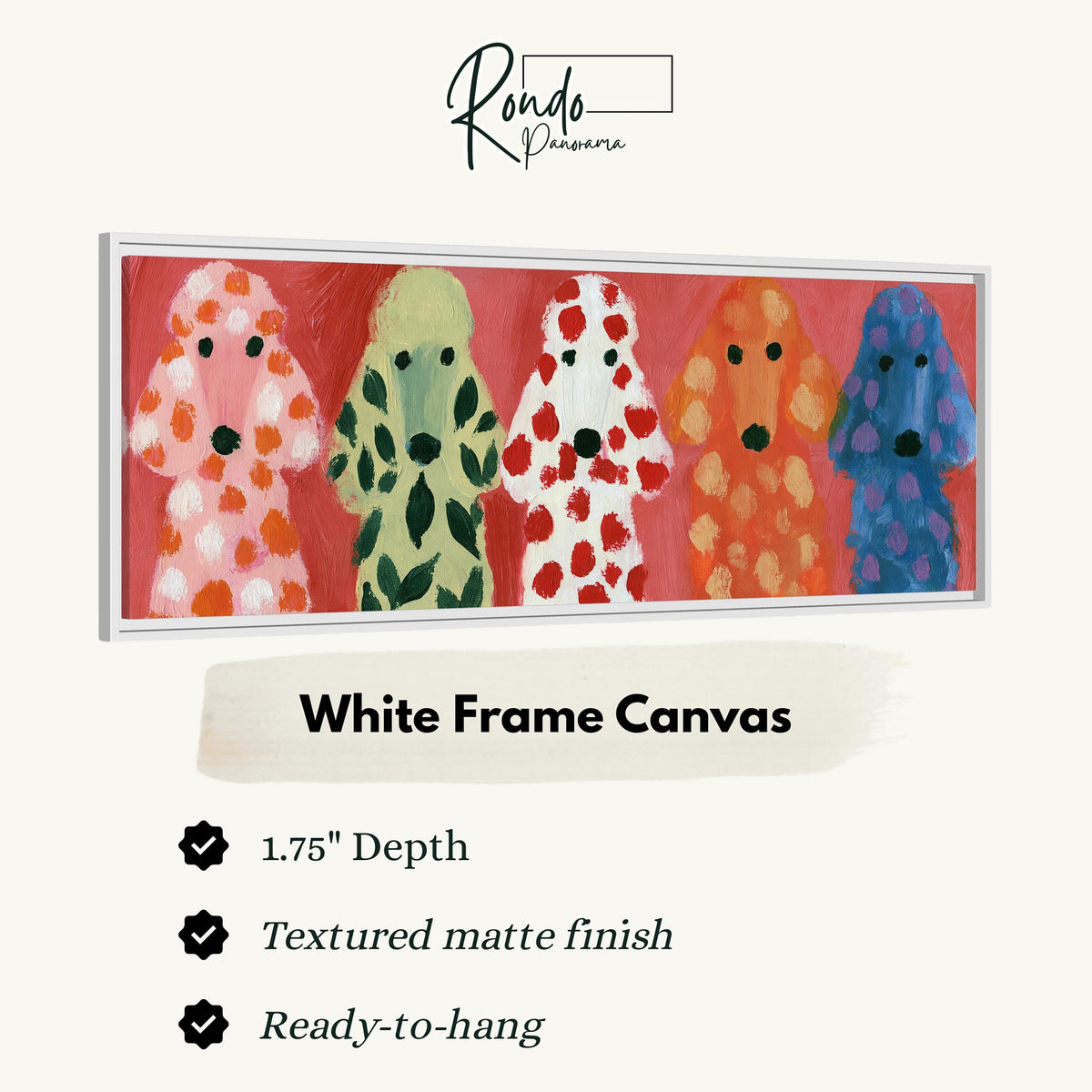Five colorful poodles canvas print in a white floating frame