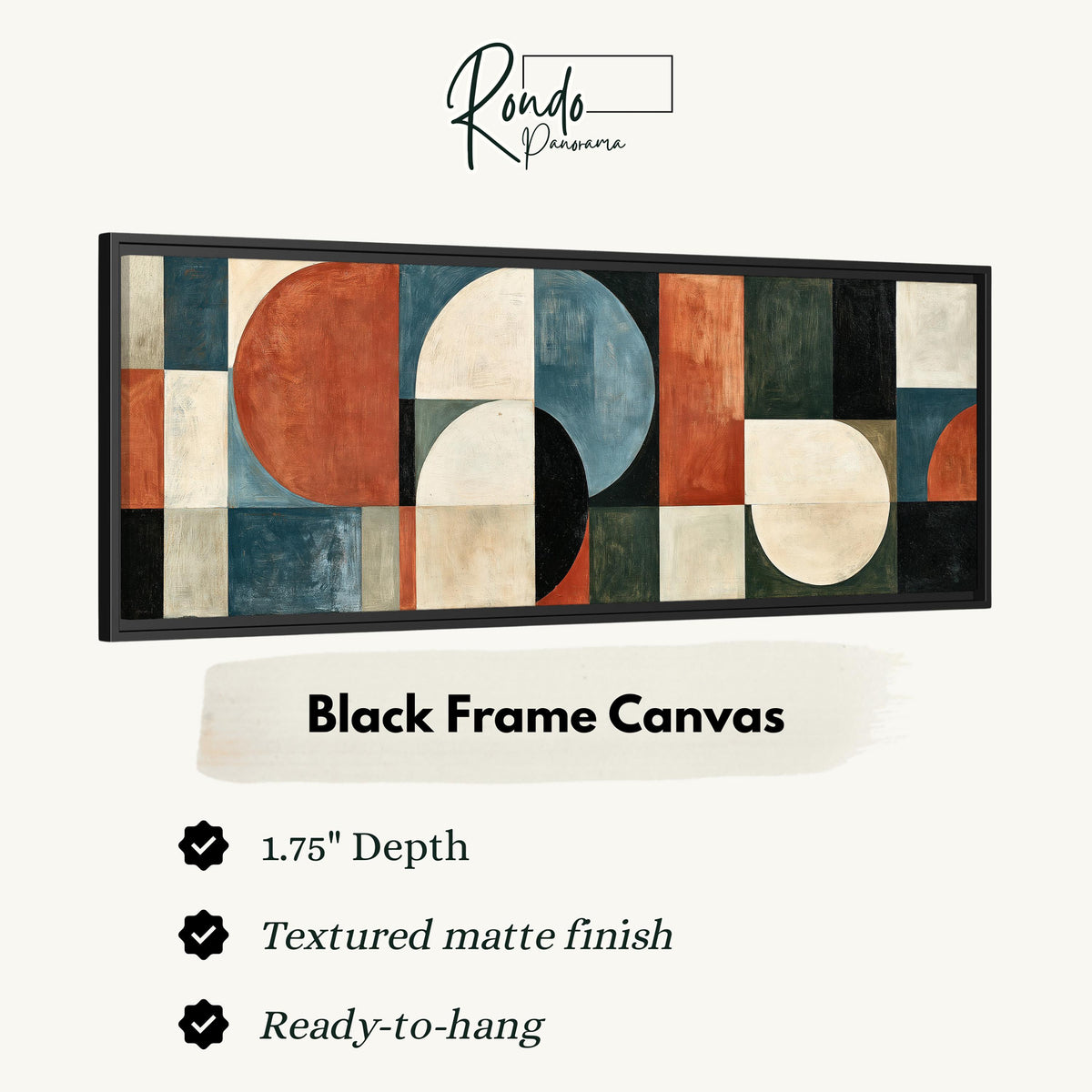 Rust and blue geometric arches and circles canvas print in a black floating frame
