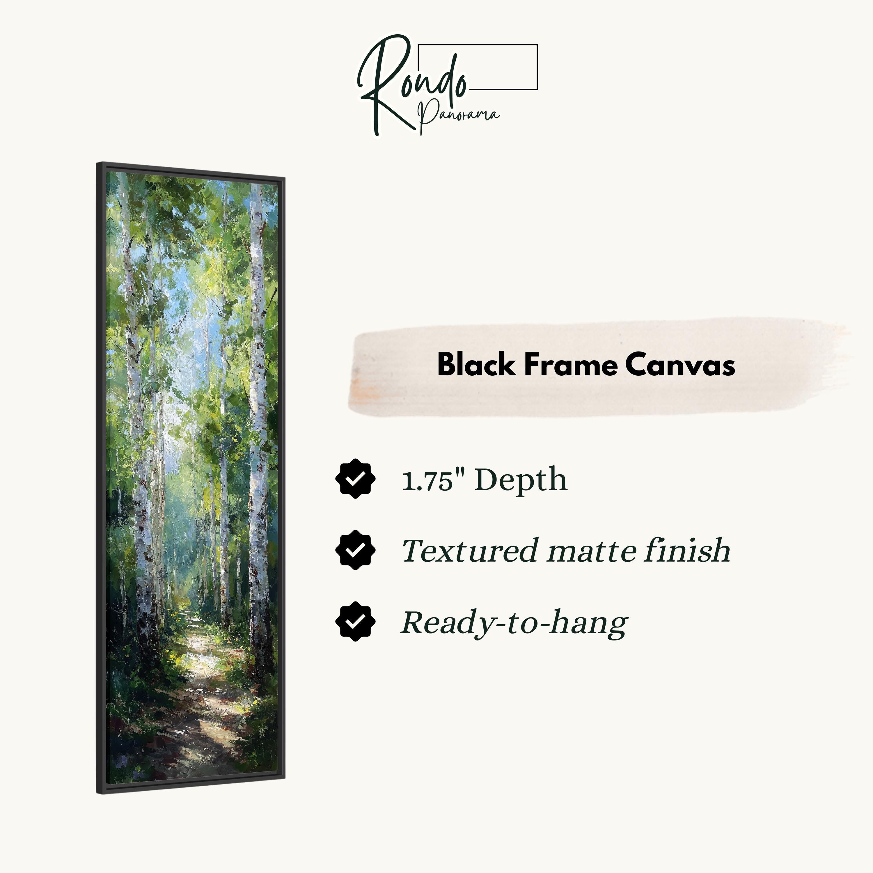 The image is a black frame canvas depicting a forest scene with a path leading through the trees.