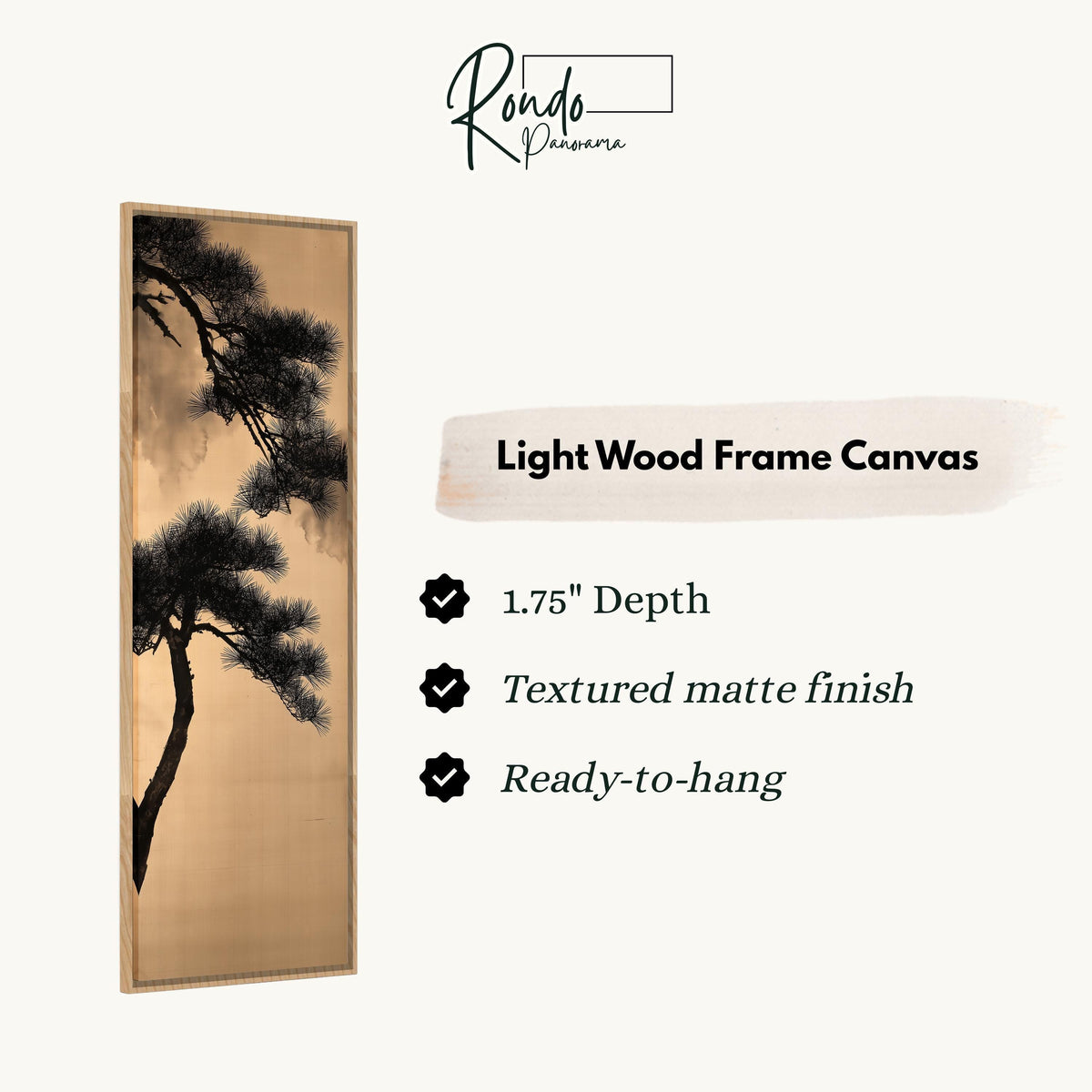 Pine branch silhouette on gold canvas print in a light wood floating frame