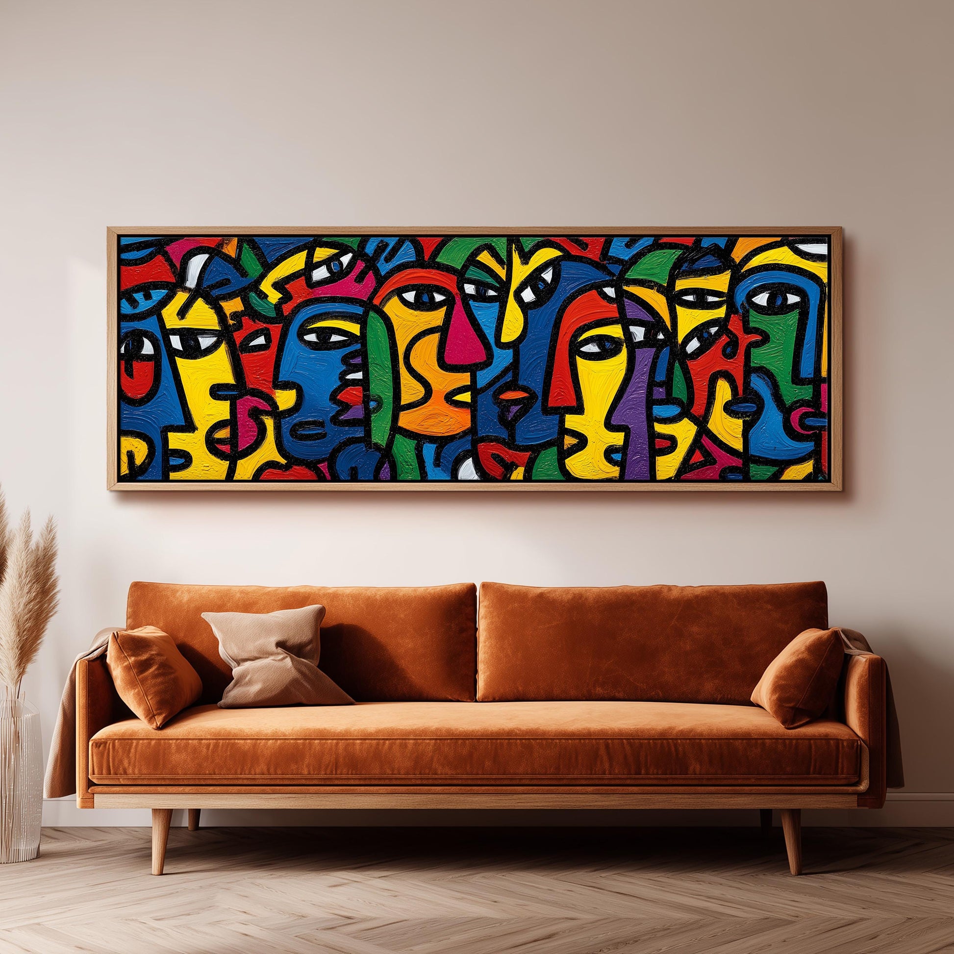 a large abstract painting hanging on a wall above a brown sofa.