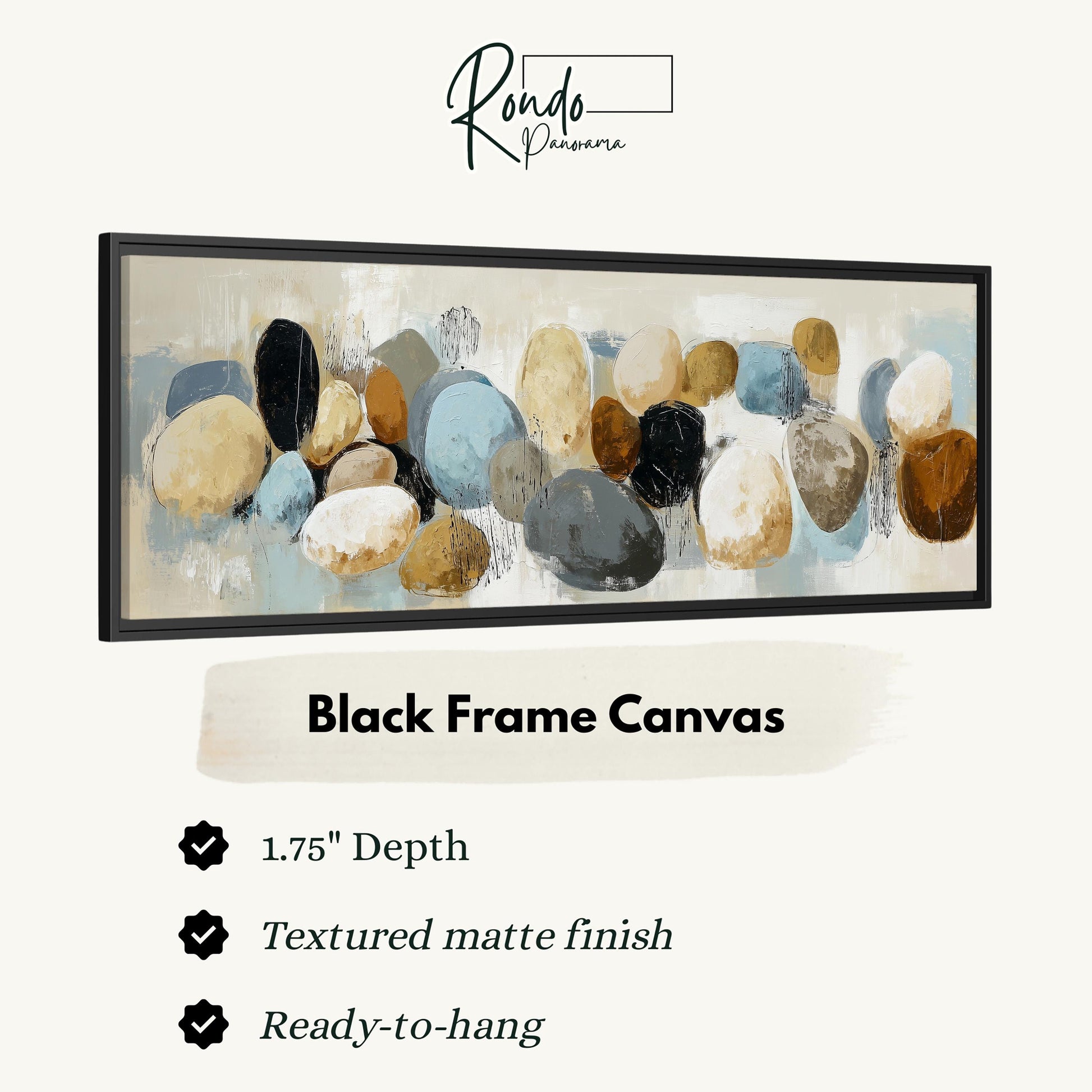 The image is a black frame canvas featuring a painting of various colored rocks and pebbles.